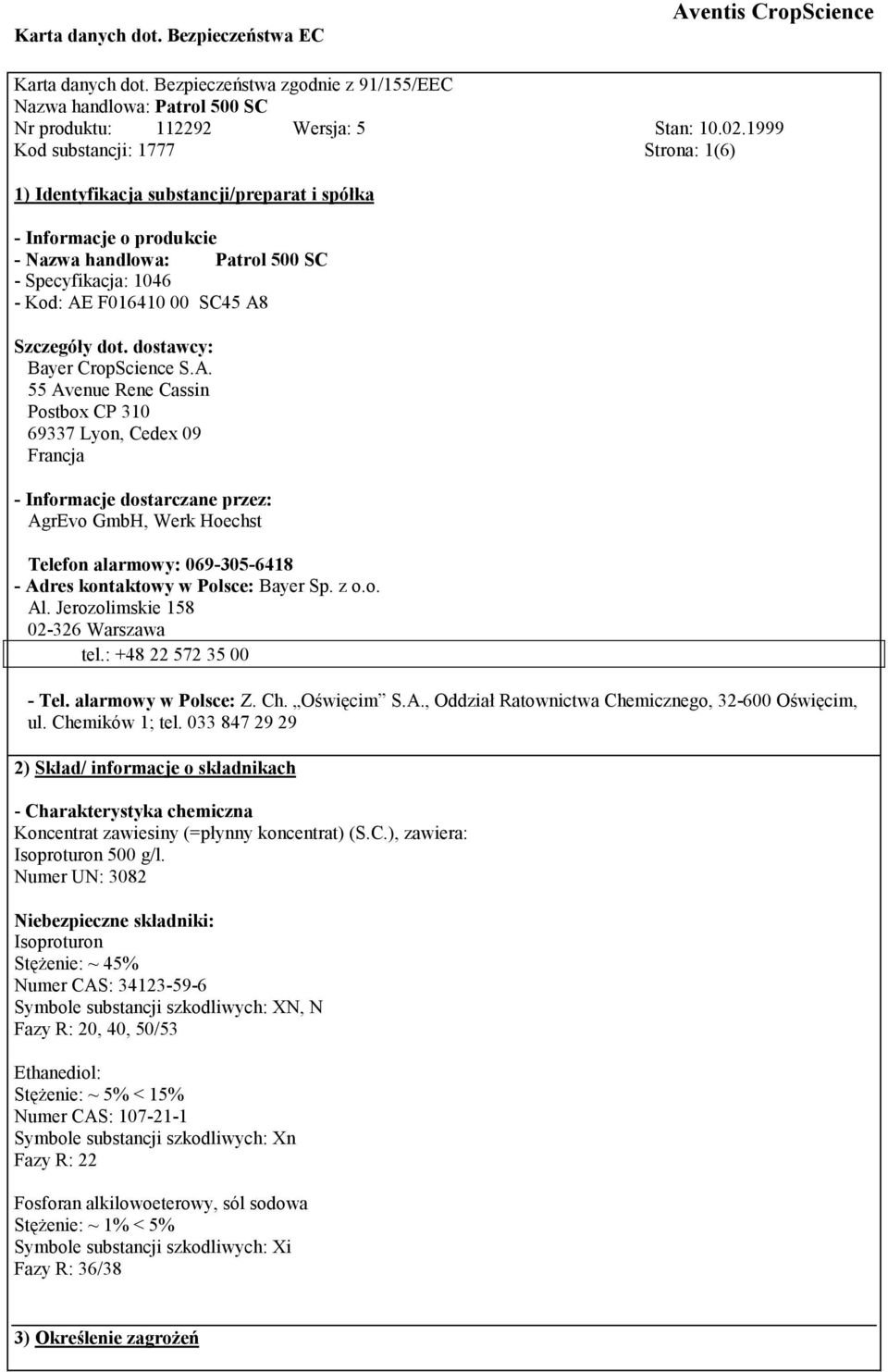 Szczegóły dot. dostawcy: Bayer CropScience S.A.