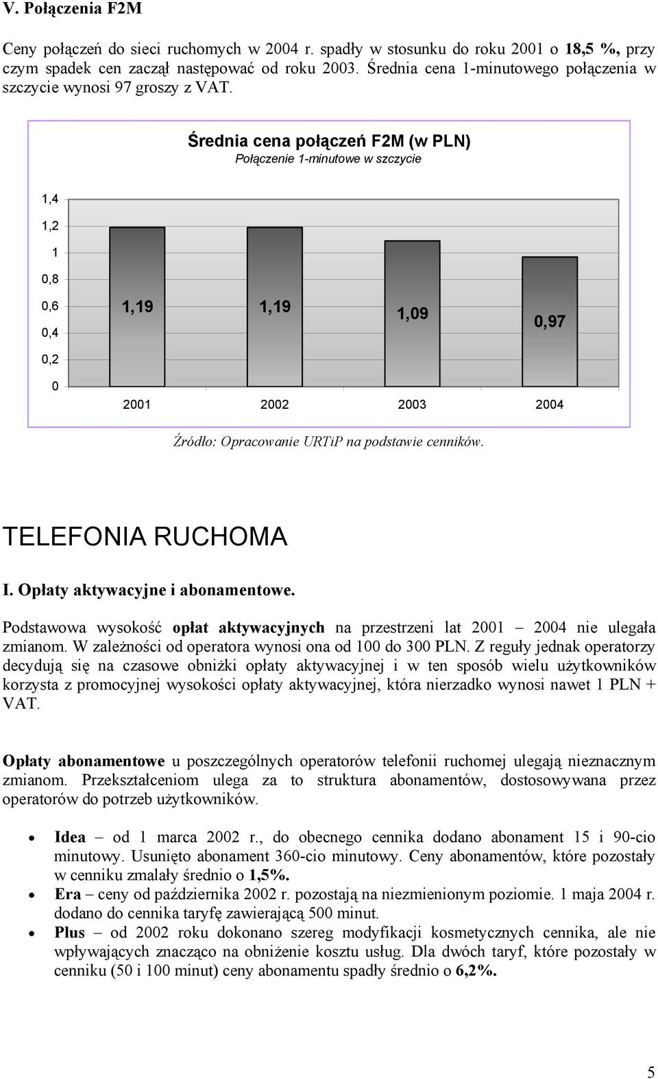 Średnia cena połączeń F2M (w PLN) Połączenie 1-minutowe w szczycie 1,4 1,2 1 0,8 0,6 0,4 1,19 1,19 1,09 0,97 0,2 0 2001 2002 2003 2004 Źródło: Opracowanie URTiP na podstawie cenników.