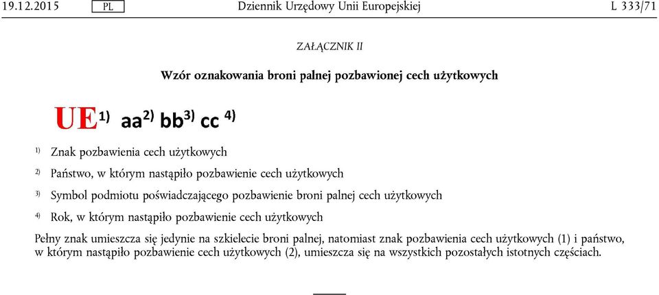 którym nastąpiło pozbawienie cech użytkowych Pełny znak umieszcza się jedynie na szkielecie broni palnej, natomiast znak pozbawienia