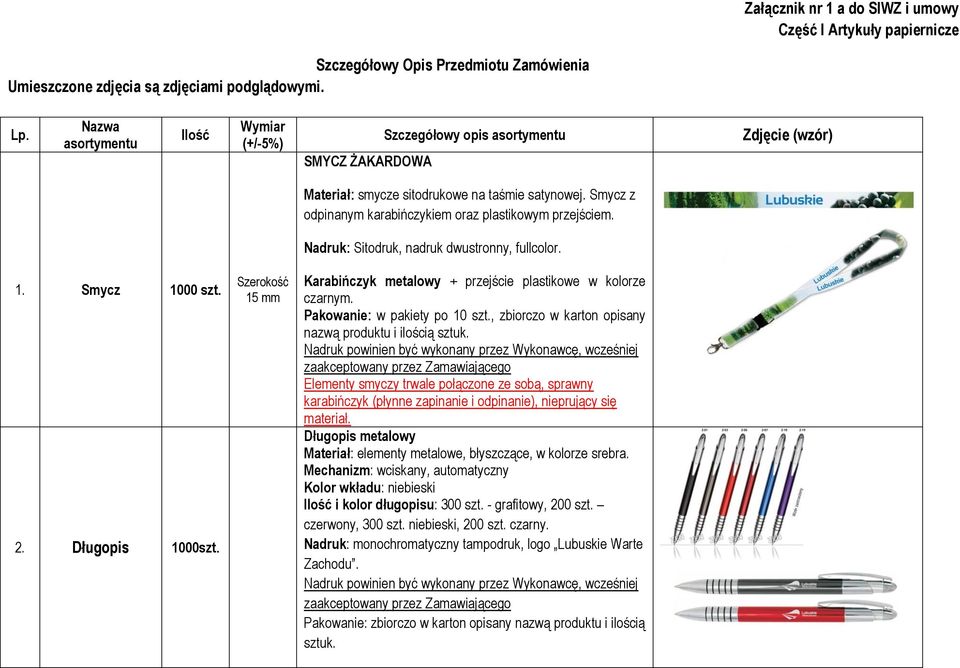 Smycz z odpinanym karabińczykiem oraz plastikowym przejściem. Nadruk: Sitodruk, nadruk dwustronny, fullcolor. 1. Smycz 1000 szt. 2. Długopis 1000szt.