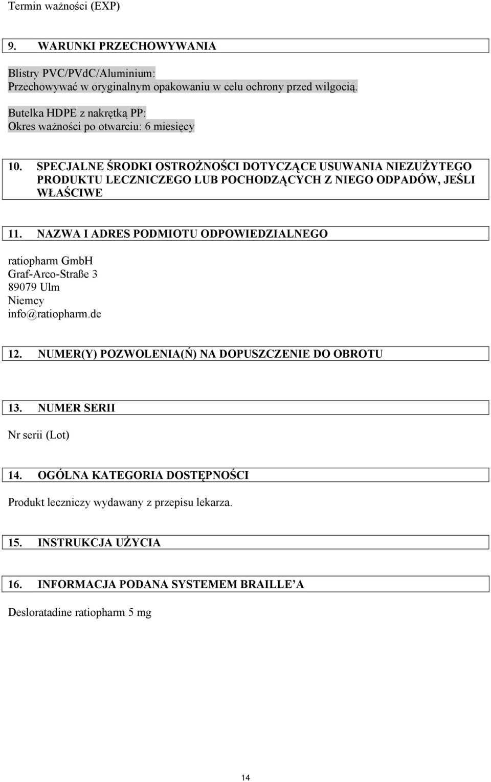 SPECJALNE ŚRODKI OSTROŻNOŚCI DOTYCZĄCE USUWANIA NIEZUŻYTEGO PRODUKTU LECZNICZEGO LUB POCHODZĄCYCH Z NIEGO ODPADÓW, JEŚLI WŁAŚCIWE 11.