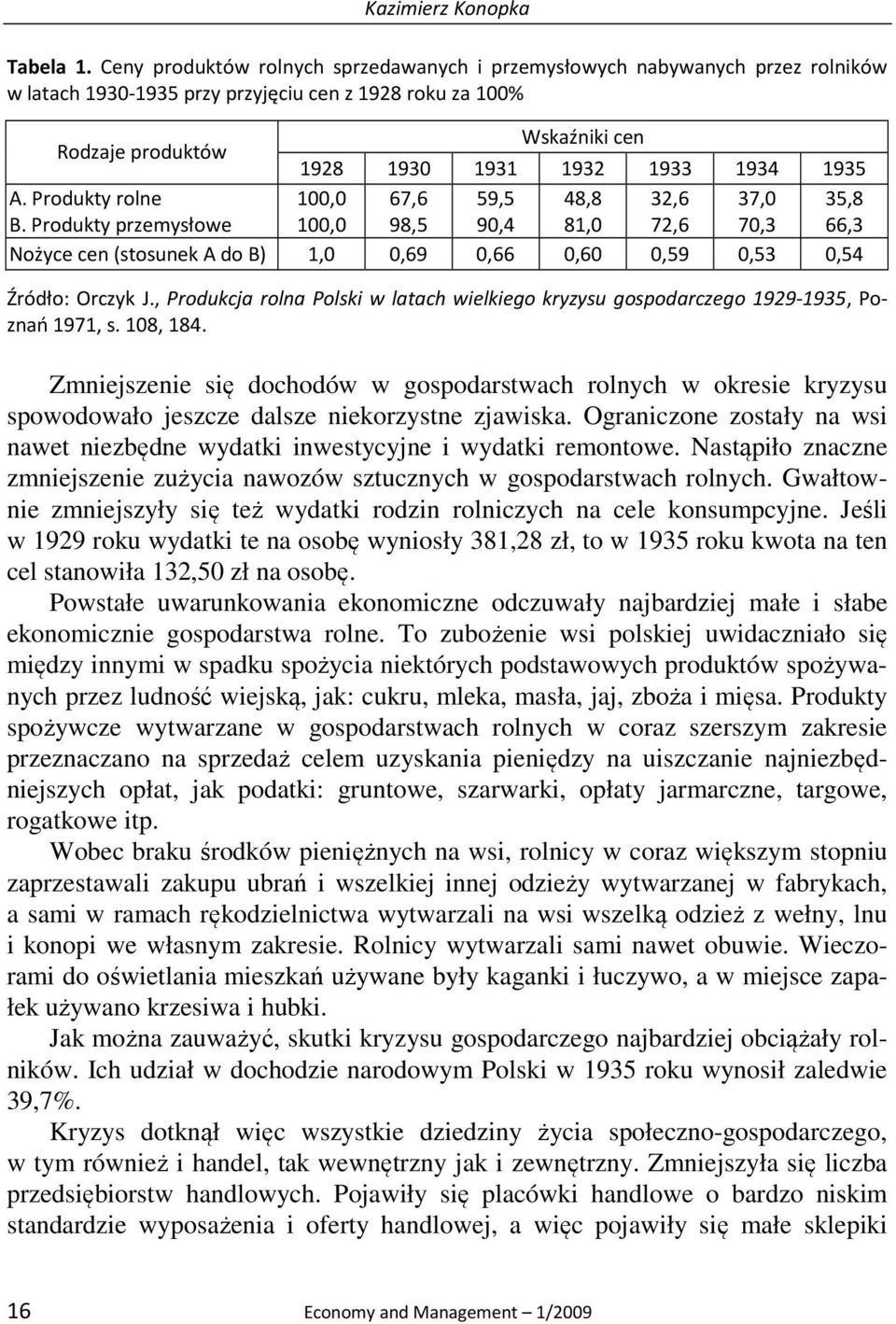 1935 A. Produkty rolne B. Produkty przemysłowe 100,0 100,0 67,6 98,5 59,5 90,4 48,8 81,0 32,6 72,6 37,0 70,3 35,8 66,3 Nożyce cen (stosunek A do B) 1,0 0,69 0,66 0,60 0,59 0,53 0,54 Źródło: Orczyk J.