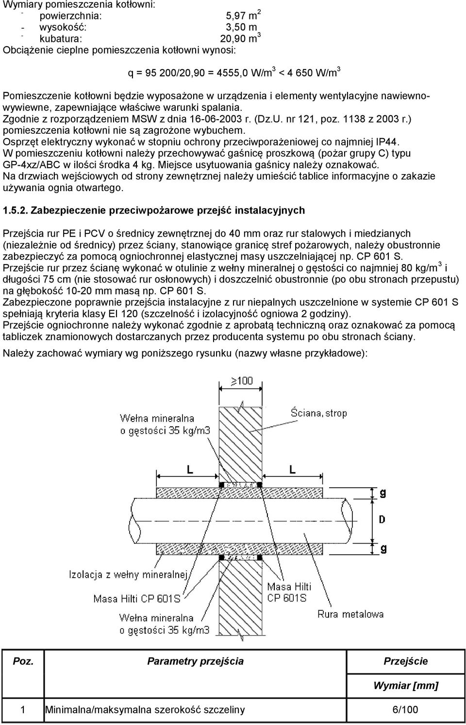 nr 121, poz. 1138 z 2003 r.) pomieszczenia kotłowni nie są zagrożone wybuchem. Osprzęt elektryczny wykonać w stopniu ochrony przeciwporażeniowej co najmniej IP44.