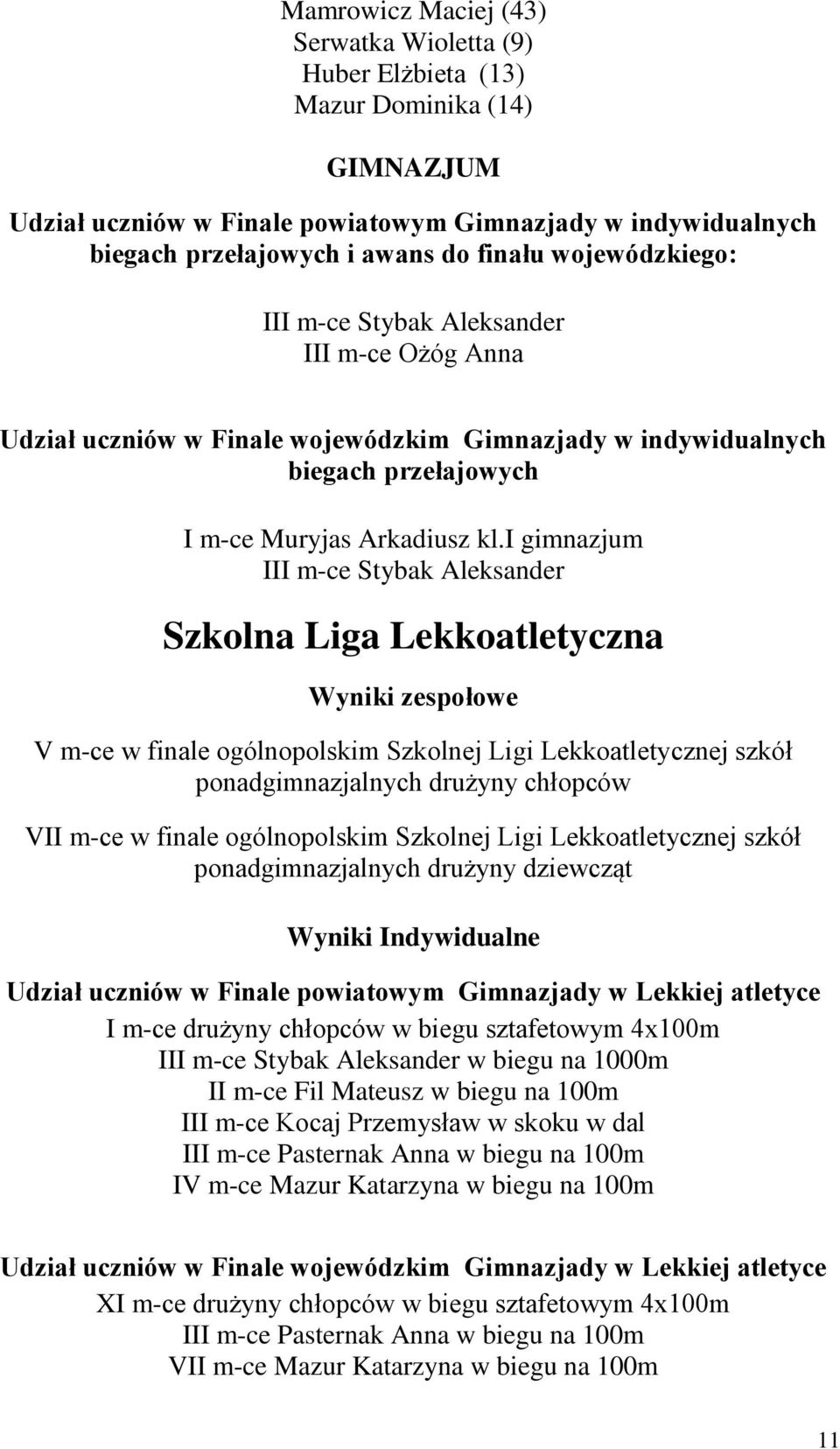 i gimnazjum III m-ce Stybak Aleksander Szkolna Liga Lekkoatletyczna Wyniki zespołowe V m-ce w finale ogólnopolskim Szkolnej Ligi Lekkoatletycznej szkół ponadgimnazjalnych drużyny chłopców VII m-ce w