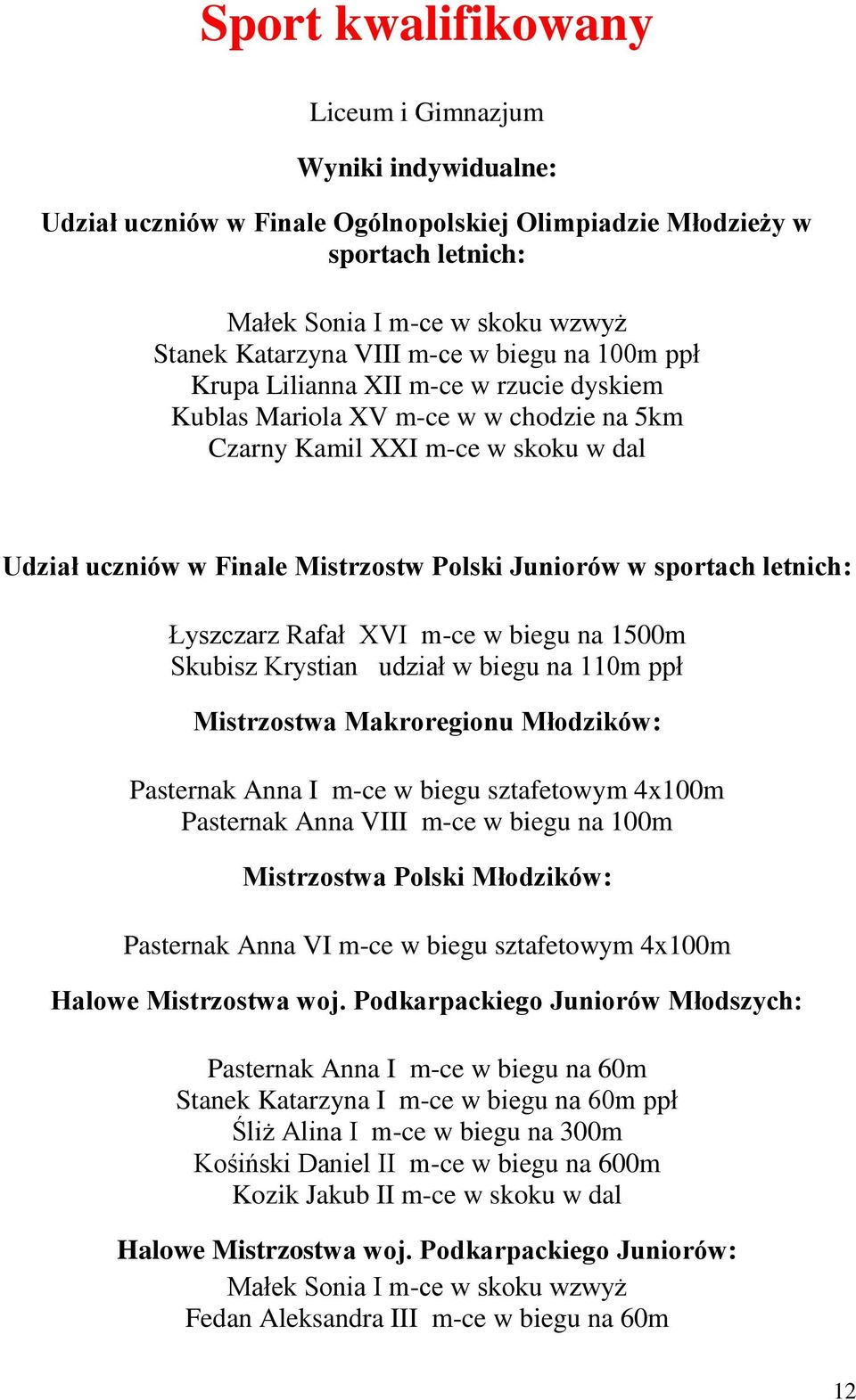sportach letnich: Łyszczarz Rafał XVI m-ce w biegu na 1500m Skubisz Krystian udział w biegu na 110m ppł Mistrzostwa Makroregionu Młodzików: Pasternak Anna I m-ce w biegu sztafetowym 4x100m Pasternak