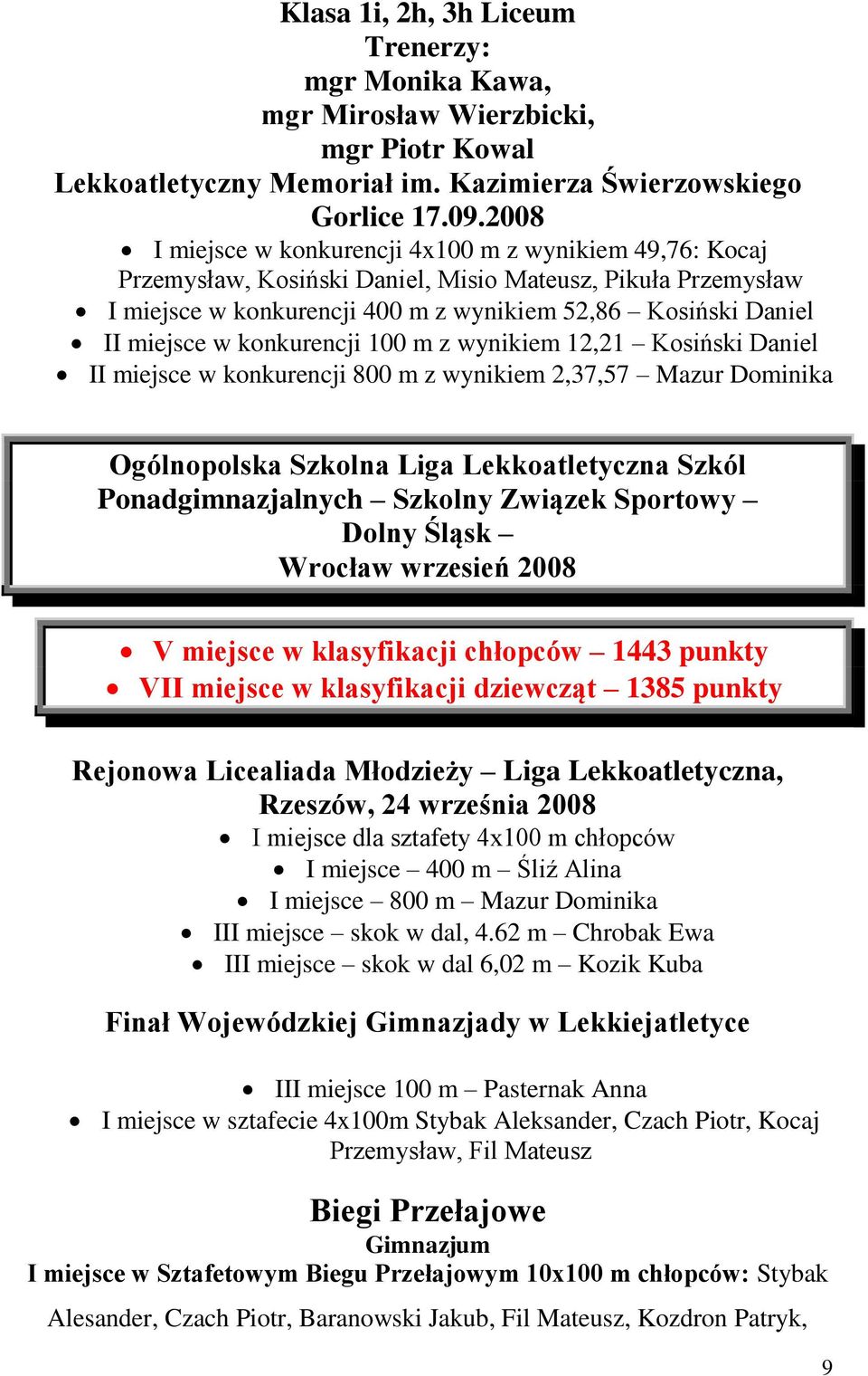 konkurencji 100 m z wynikiem 12,21 Kosiński Daniel II miejsce w konkurencji 800 m z wynikiem 2,37,57 Mazur Dominika Ogólnopolska Szkolna Liga Lekkoatletyczna Szkól Ponadgimnazjalnych Szkolny Związek
