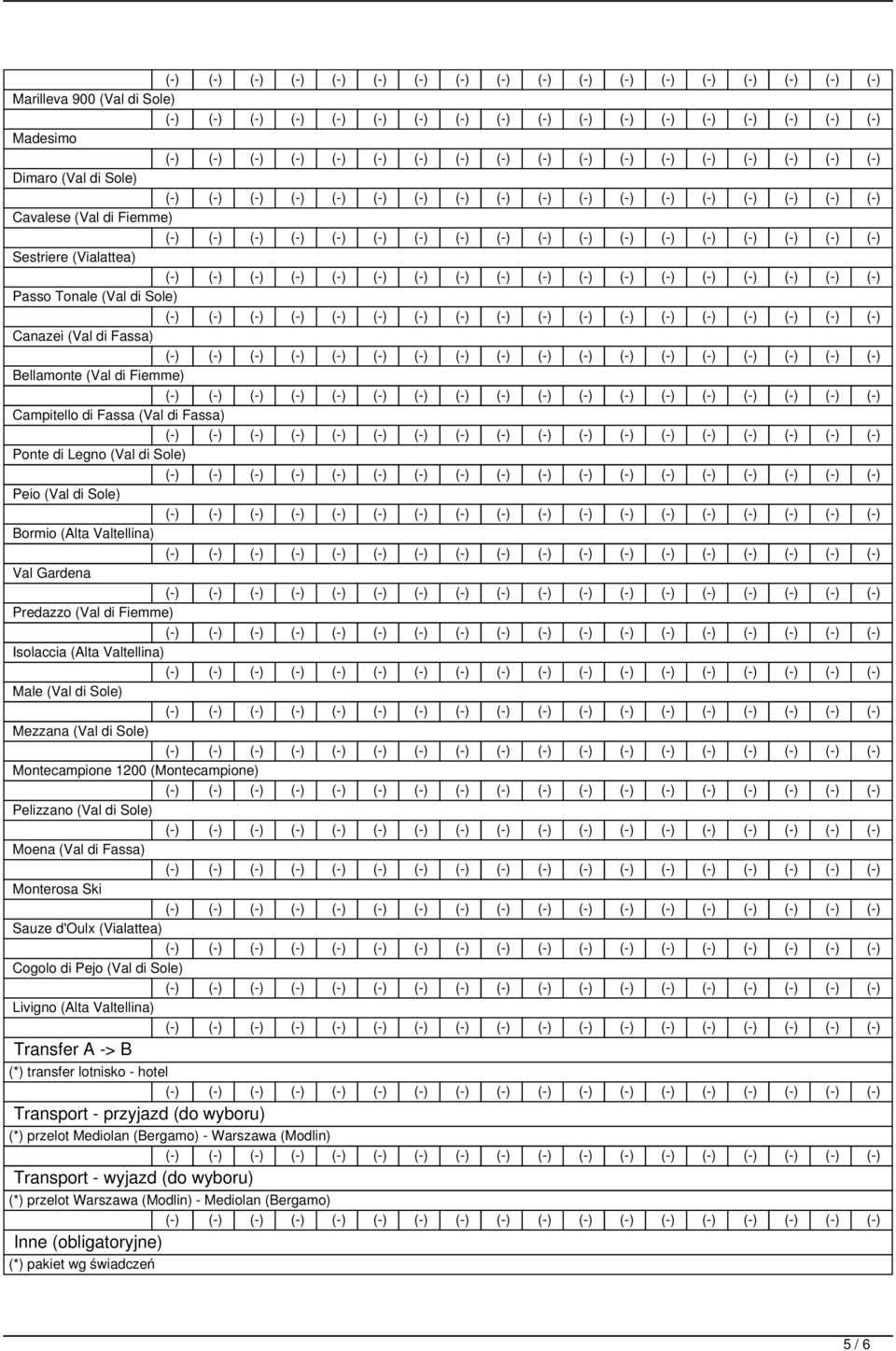 Montecampione 1200 (Montecampione) Pelizzano (Val di Sole) Moena (Val di Fassa) Monterosa Ski Sauze d'oulx (Vialattea) Cogolo di Pejo (Val di Sole) Livigno (Alta Valtellina) Transfer A -> B (*)