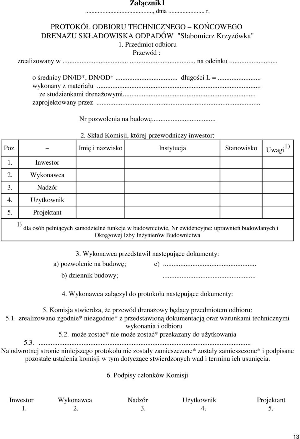 Skład Komisji, której przewodniczy inwestor: Poz. Imię i nazwisko Instytucja Stanowisko Uwagi 1) 1. Inwestor 2. Wykonawca 3. Nadzór 4. UŜytkownik 5.