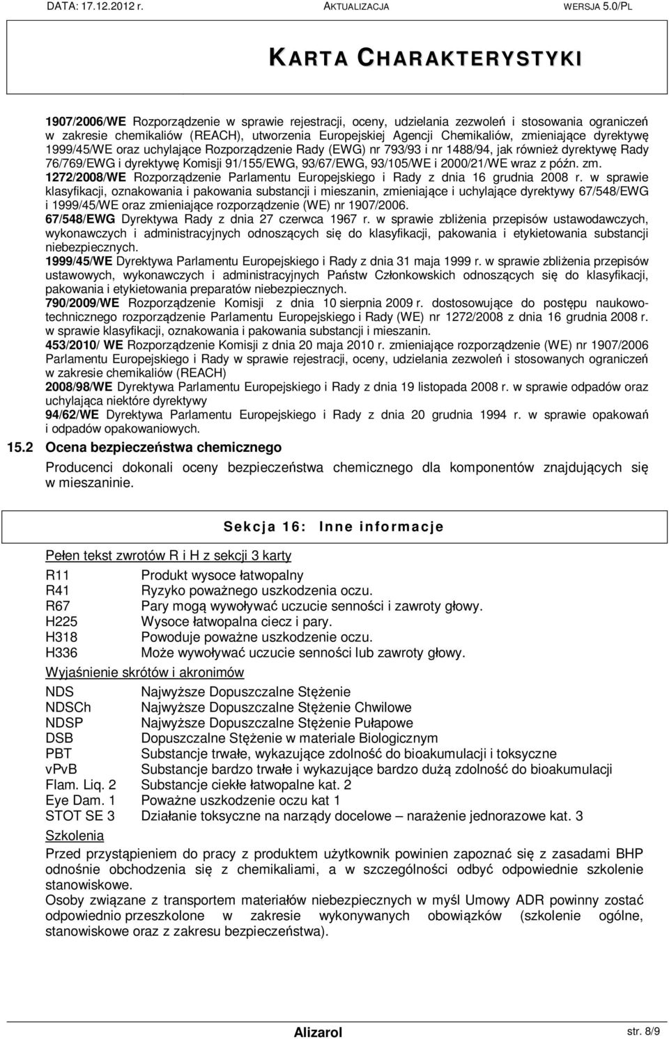 1272/2008/WE Rozporz dzenie Parlamentu Europejskiego i Rady z dnia 16 grudnia 2008 r.