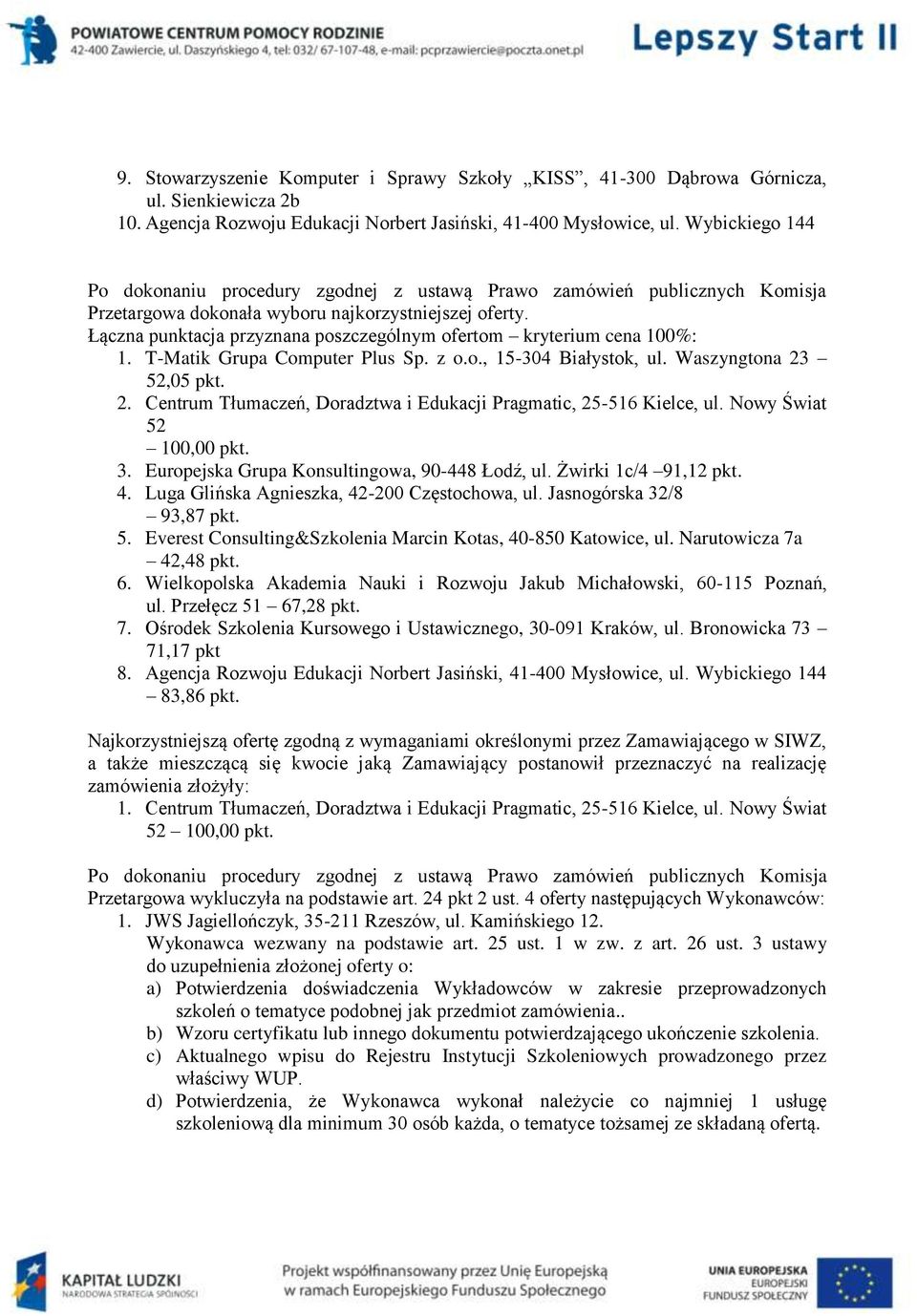 Waszyngtona 23 52,05 pkt. 2. Centrum Tłumaczeń, Doradztwa i Edukacji Pragmatic, 25-516 Kielce, ul. Nowy Świat 52 100,00 pkt. 3. Europejska Grupa Konsultingowa, 90-448 Łodź, ul. Żwirki 1c/4 91,12 pkt.