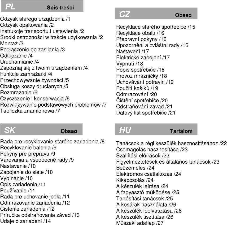Tabliczka znamionowa /7 SK Spis treści Obsag Rada pre recyklovanie starého zariadenia /8 Recyklovanie balenia /9 Pokyny pre prepravu /9 Varovania a všeobecné rady /9 Nastavenie /10 Zapojenie do siete