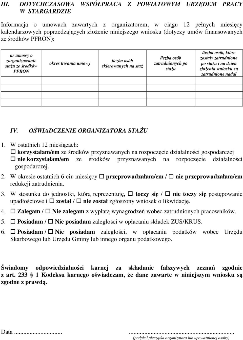 osób, które zostały zatrudnione po stażu i na dzień złożenia wniosku są zatrudnione nadal IV. OŚWIADCZENIE ORGANIZATORA STAŻU 1.