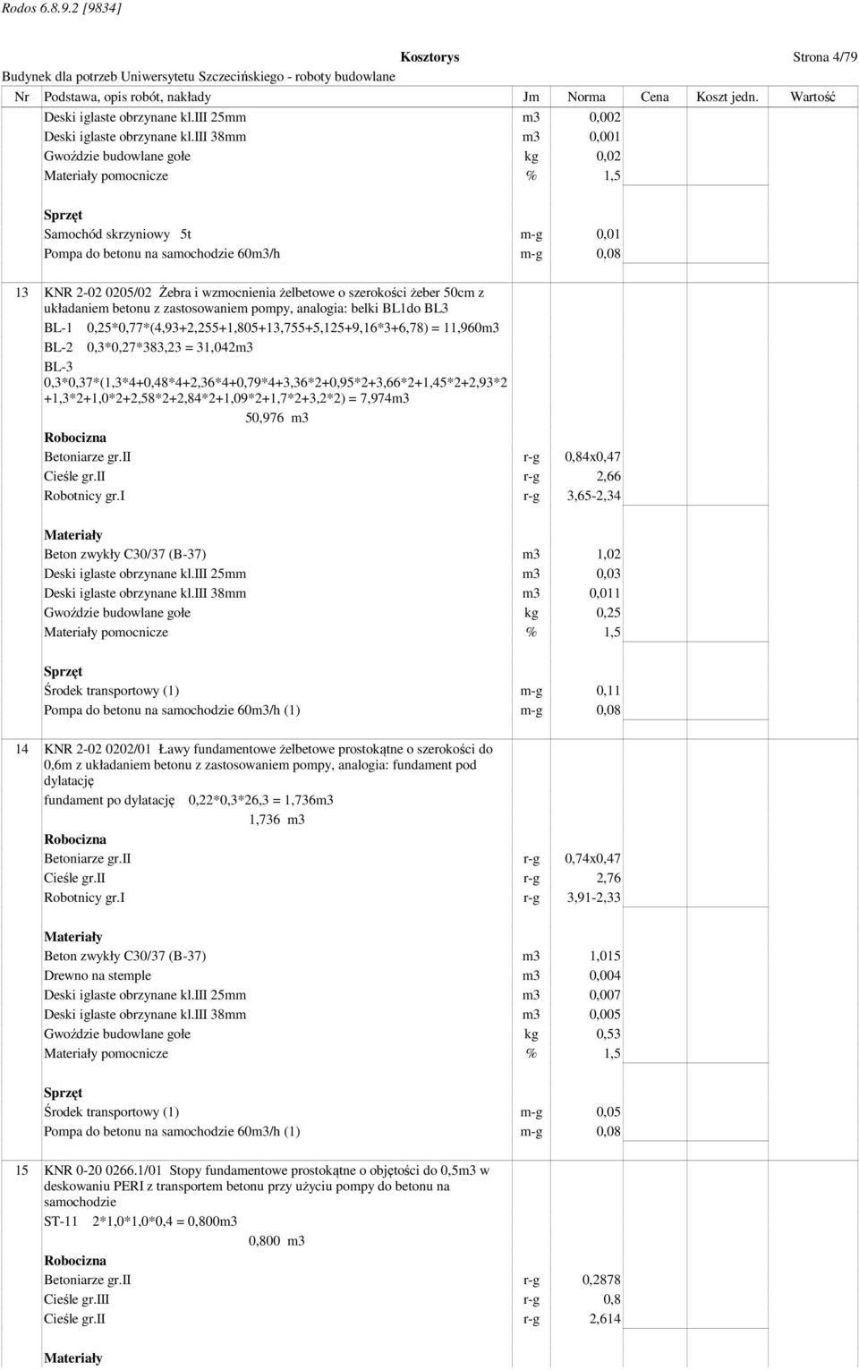 szerokości żeber 50cm z układaniem betonu z zastosowaniem pompy, analogia: belki BL1do BL3 BL-1 0,25*0,77*(4,93+2,255+1,805+13,755+5,125+9,16*3+6,78) = 11,960m3 BL-2 0,3*0,27*383,23 = 31,042m3 BL-3