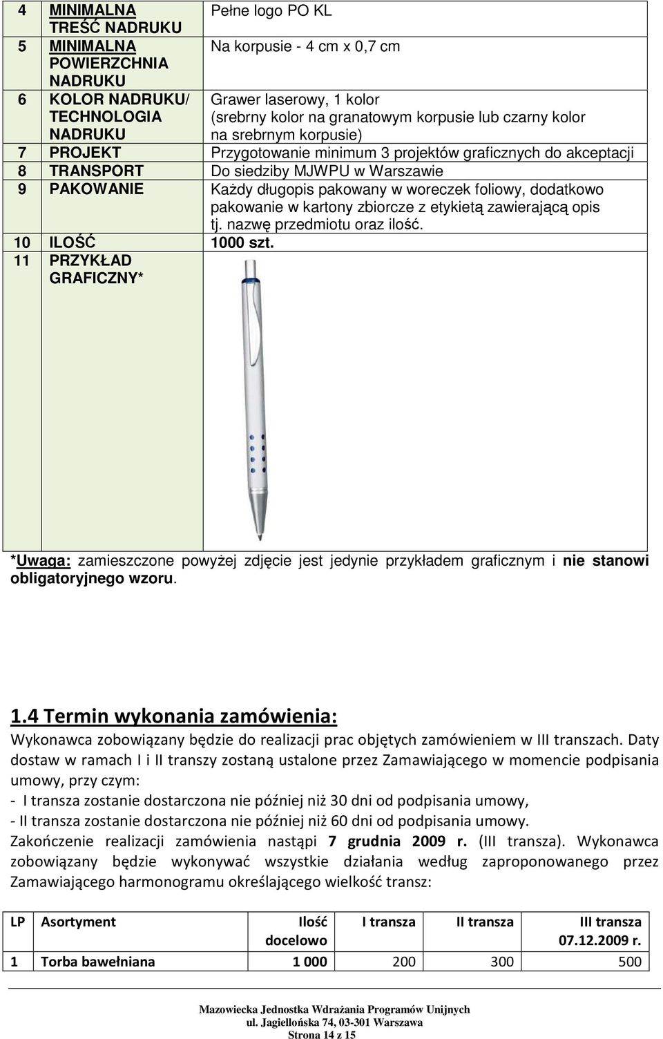 ILOŚĆ 1000 szt. 1.4 Termin wykonania zamówienia: Wykonawca zobowiązany będzie do realizacji prac objętych zamówieniem w III transzach.