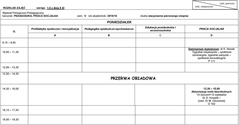 parzyste spotkania konsultacyjne P 111 13,30 15,00 Aktywizacja