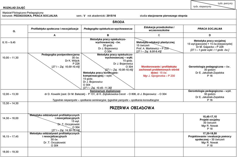 10,45-11,30] Seminarium dyplomowe: dr D. Kowalik [zast. Dr M. Bałażak] - P 131, dr K. Ziębakowska-Cecot - O 806, dr J.