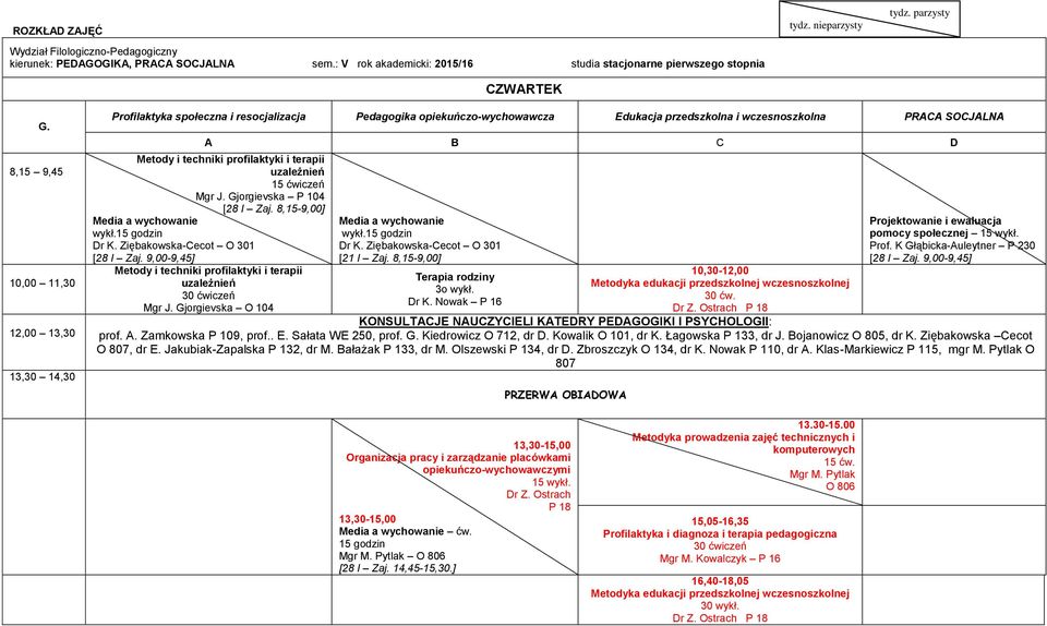 Ostrach Projektowanie i ewaluacja pomocy społecznej 15 wykł. Prof. K Głąbicka-Auleytner P 230 [28 I Zaj. 9,00-9,45] KONSULTACJE NAUCZYCIELI KATEDRY PEDAGOGIKI I PSYCHOLOGII: prof. A.