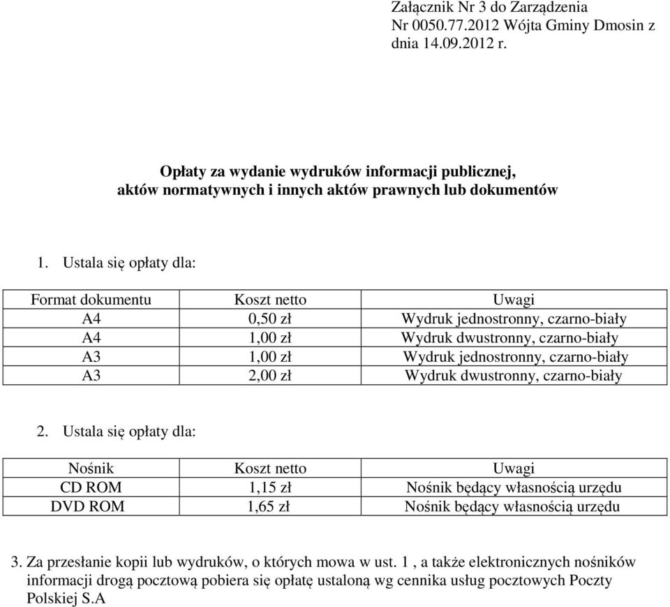 Ustala się opłaty dla: Format dokumentu Koszt netto Uwagi A4 0,50 zł Wydruk jednostronny, czarno-biały A4 1,00 zł Wydruk dwustronny, czarno-biały A3 1,00 zł Wydruk jednostronny, czarno-biały A3