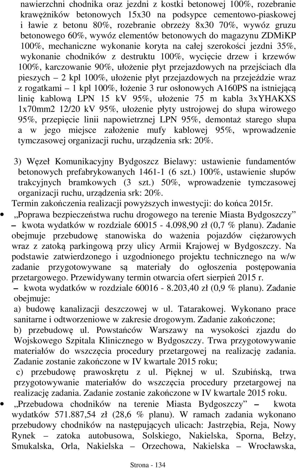 karczowanie 90%, ułożenie płyt przejazdowych na przejściach dla pieszych 2 kpl 100%, ułożenie płyt przejazdowych na przejeździe wraz z rogatkami 1 kpl 100%, łożenie 3 rur osłonowych A160PS na