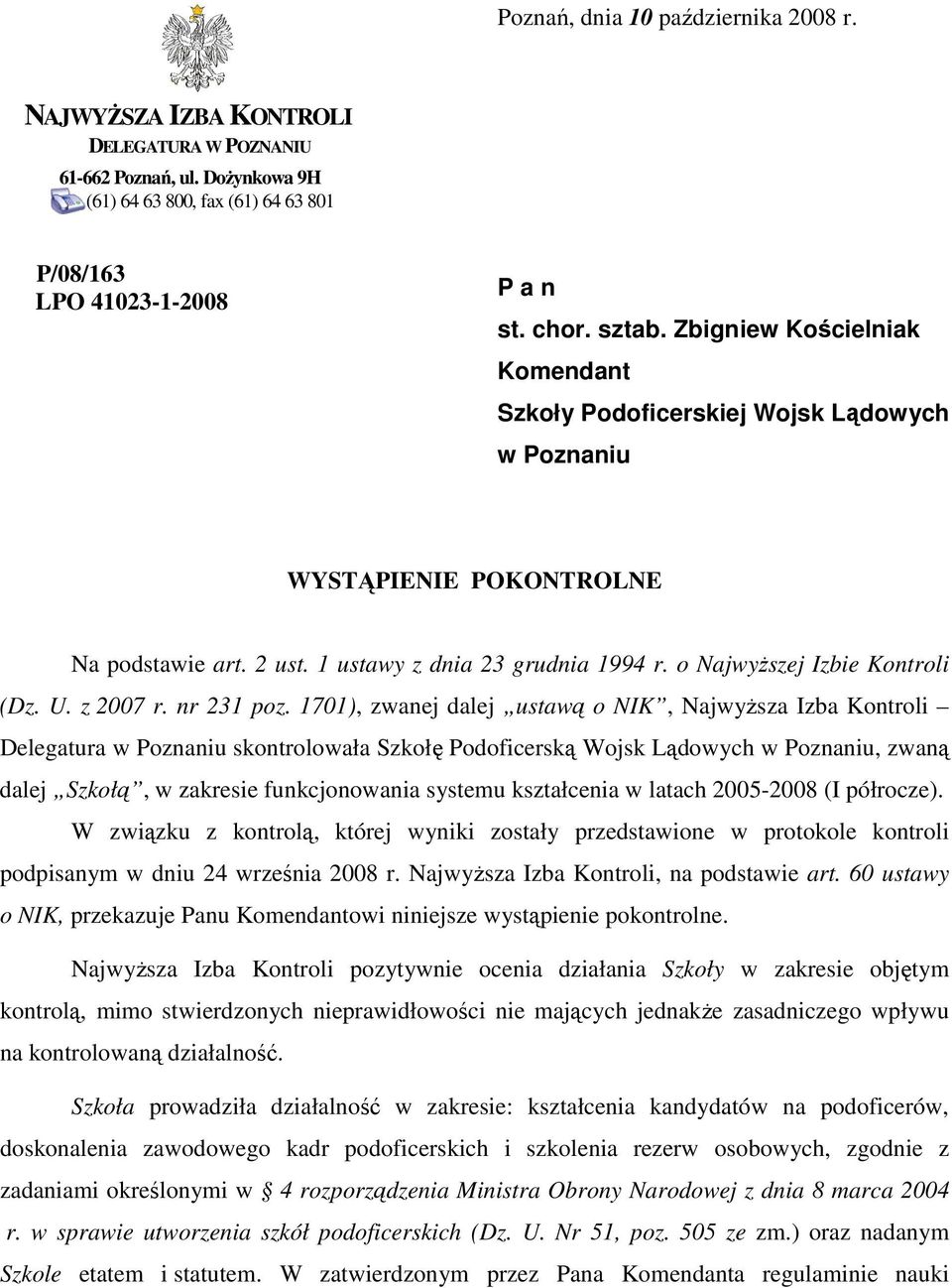 o NajwyŜszej Izbie Kontroli (Dz. U. z 2007 r. nr 231 poz.