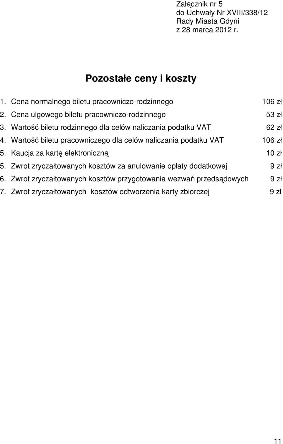 Wartość biletu pracowniczego dla celów naliczania podatku VAT 106 zł 5. Kaucja za kartę elektroniczną 10 zł 5.