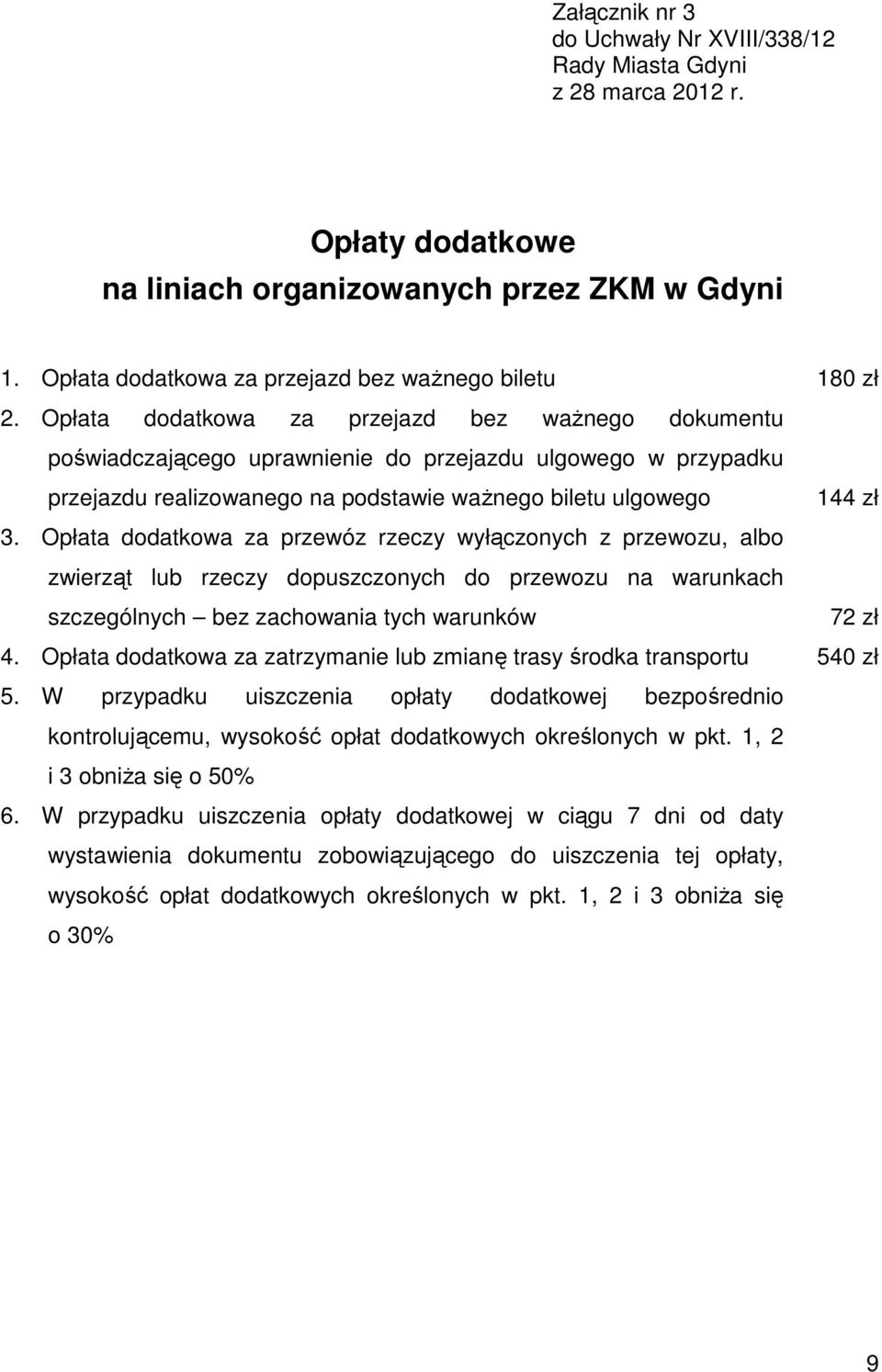 Opłata dodatkowa za przewóz rzeczy wyłączonych z przewozu, albo zwierząt lub rzeczy dopuszczonych do przewozu na warunkach szczególnych bez zachowania tych warunków 72 zł 4.