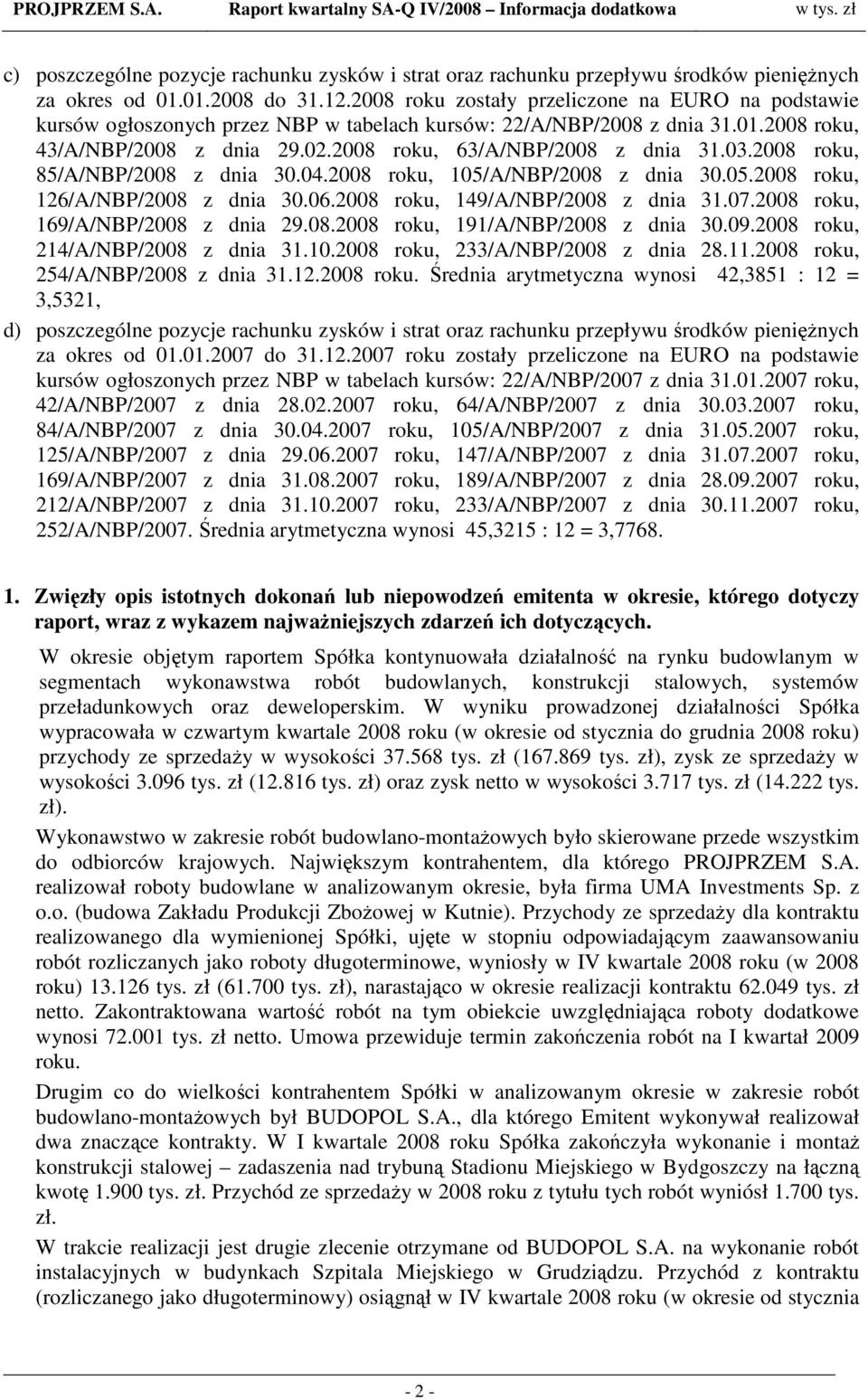 03.2008 roku, 85/A/NBP/2008 z dnia 30.04.2008 roku, 105/A/NBP/2008 z dnia 30.05.2008 roku, 126/A/NBP/2008 z dnia 30.06.2008 roku, 149/A/NBP/2008 z dnia 31.07.2008 roku, 169/A/NBP/2008 z dnia 29.08.2008 roku, 191/A/NBP/2008 z dnia 30.