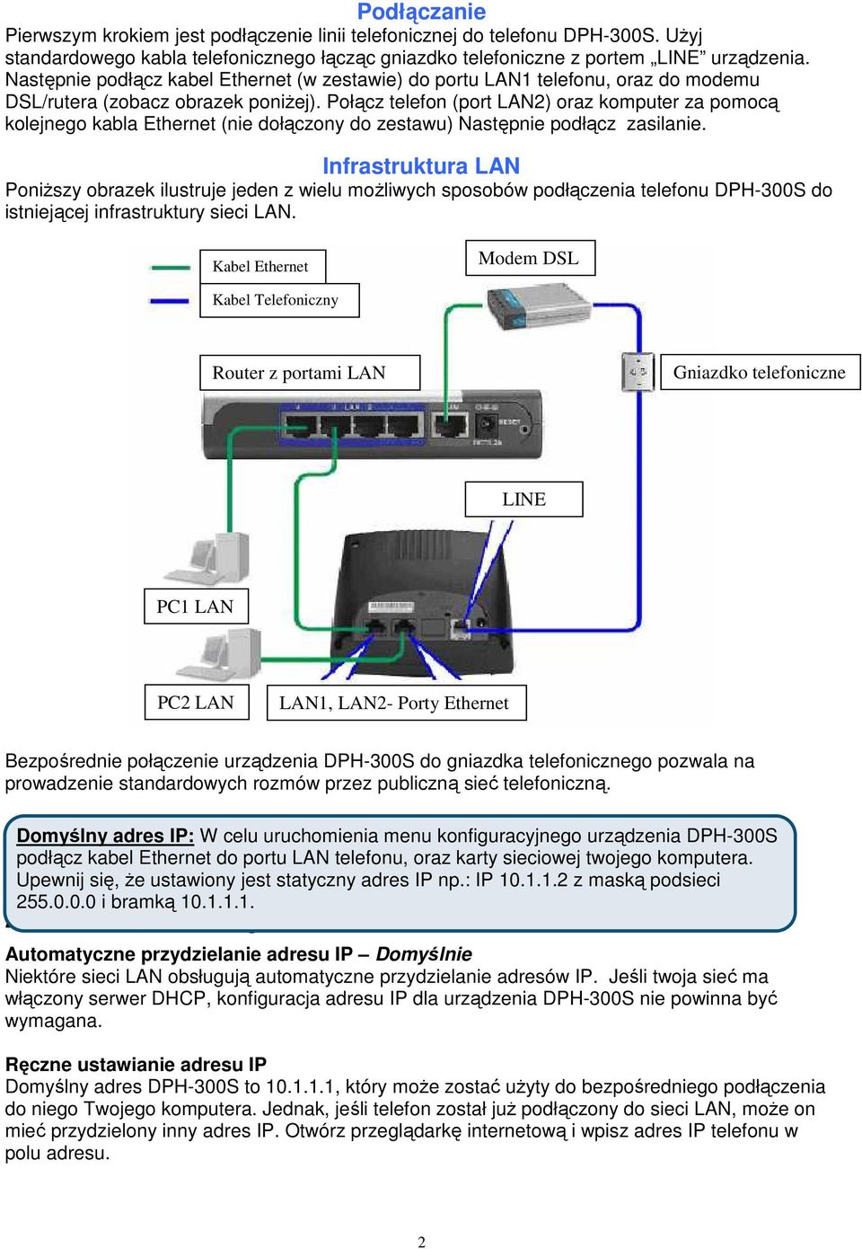 Połącz telefon (port LAN2) oraz komputer za pomocą kolejnego kabla Ethernet (nie dołączony do zestawu) Następnie podłącz zasilanie.