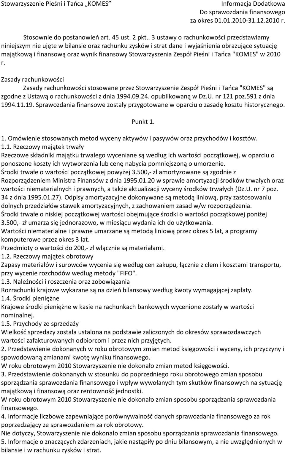 Zespół Pieśni i Tańca "KOMES" w 2010 r. Zasady rachunkowości Zasady rachunkowości stosowane przez Stowarzyszenie Zespół Pieśni i Tańca "KOMES" są zgodne z Ustawą o rachunkowości z dnia 1994.09.24.