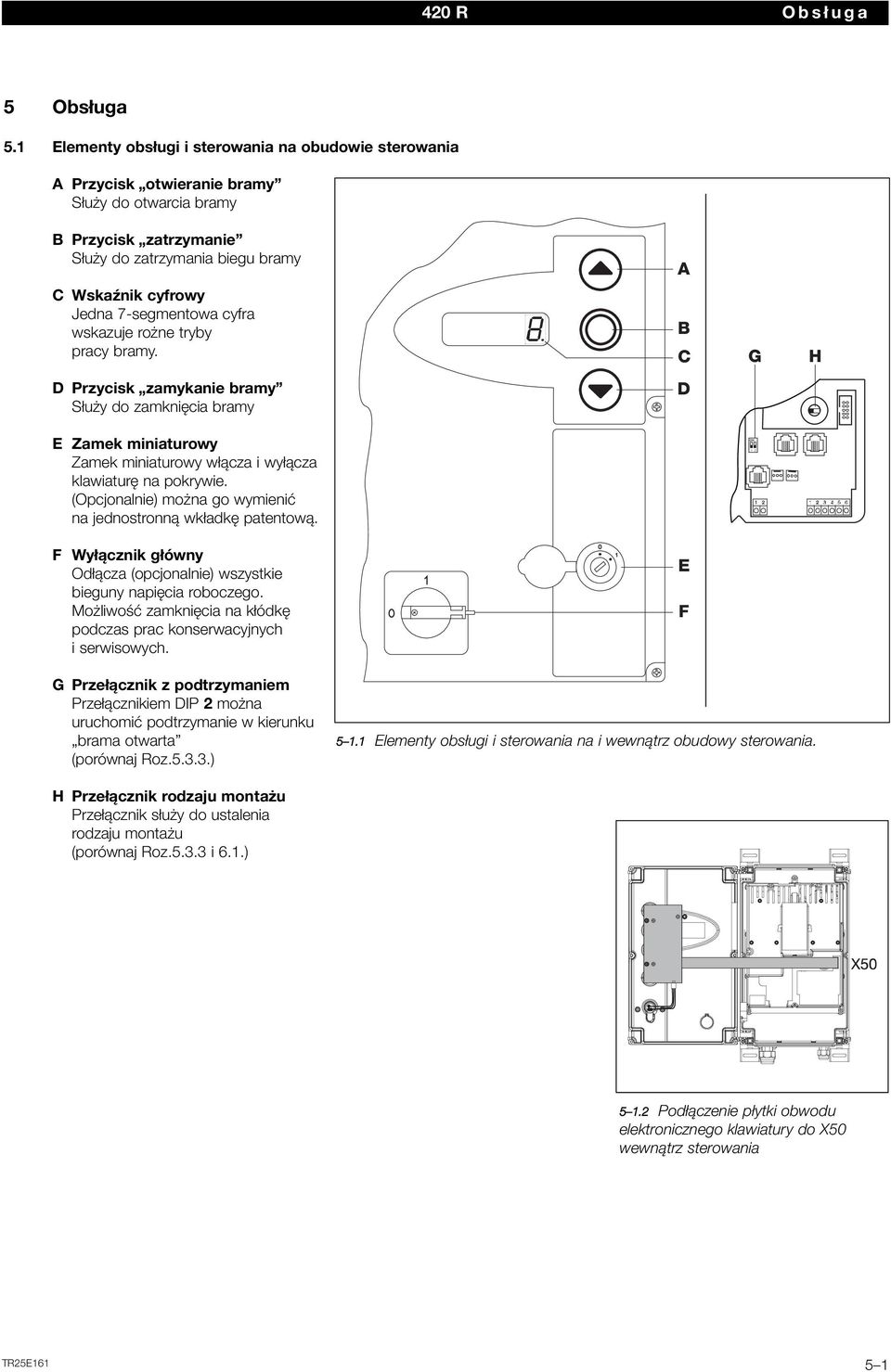 7-segmentowa cyfra wskazuje rożne tryby pracy bramy. B C G H D Przycisk zamykanie bramy Służy do zamknięcia bramy D E Zamek miniaturowy Zamek miniaturowy włącza i wyłącza klawiaturę na pokrywie.