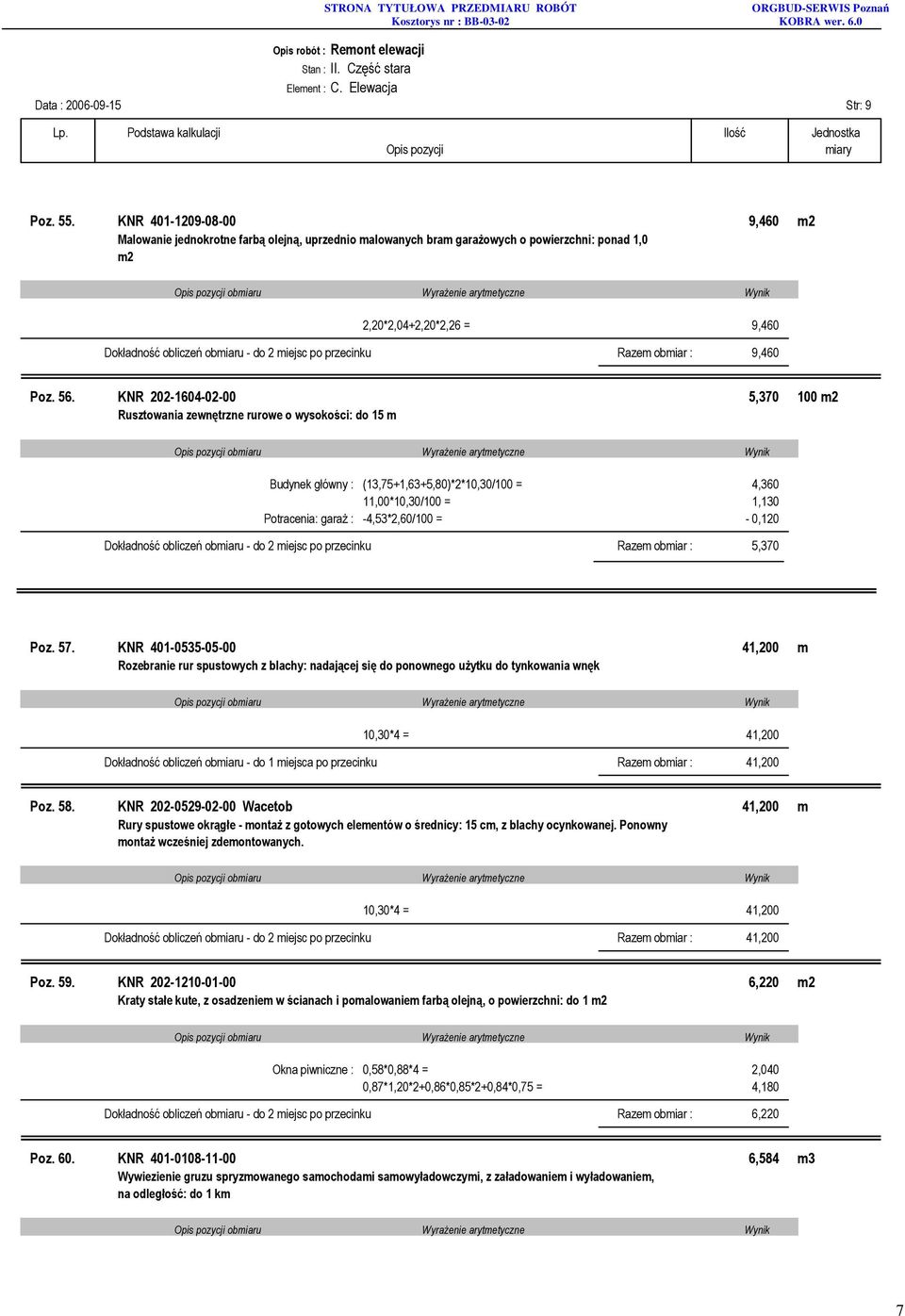 po przecinku Razem obmiar : 9,460 Poz. 56.