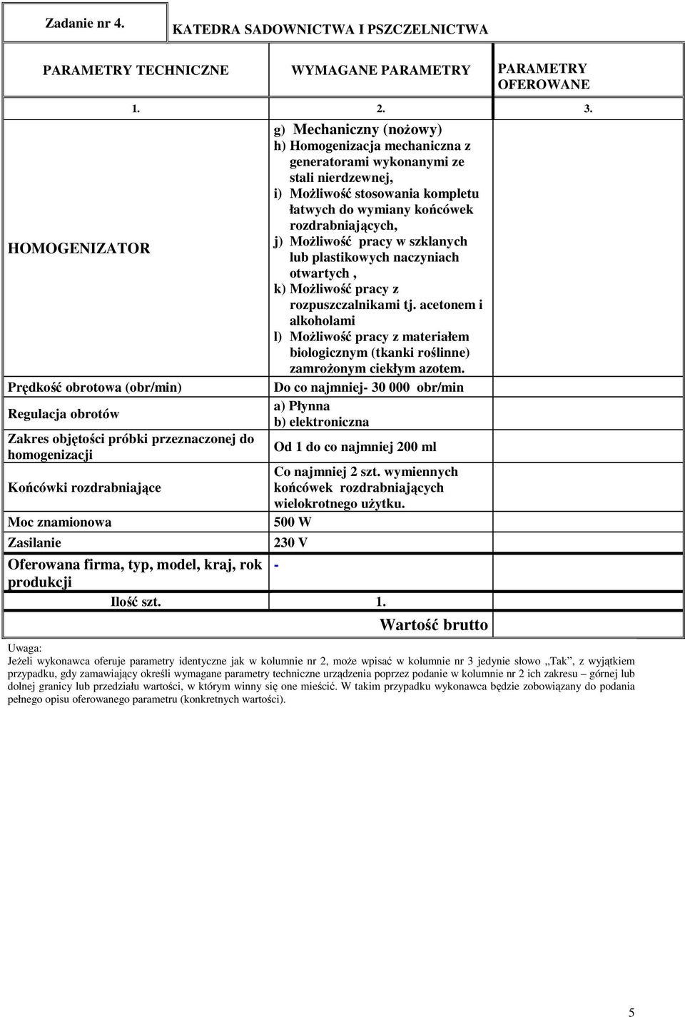 homogenizacji Końcówki rozdrabniające Moc znamionowa Zasilanie g) Mechaniczny (noŝowy) h) Homogenizacja mechaniczna z generatorami wykonanymi ze stali nierdzewnej, i) MoŜliwość stosowania kompletu