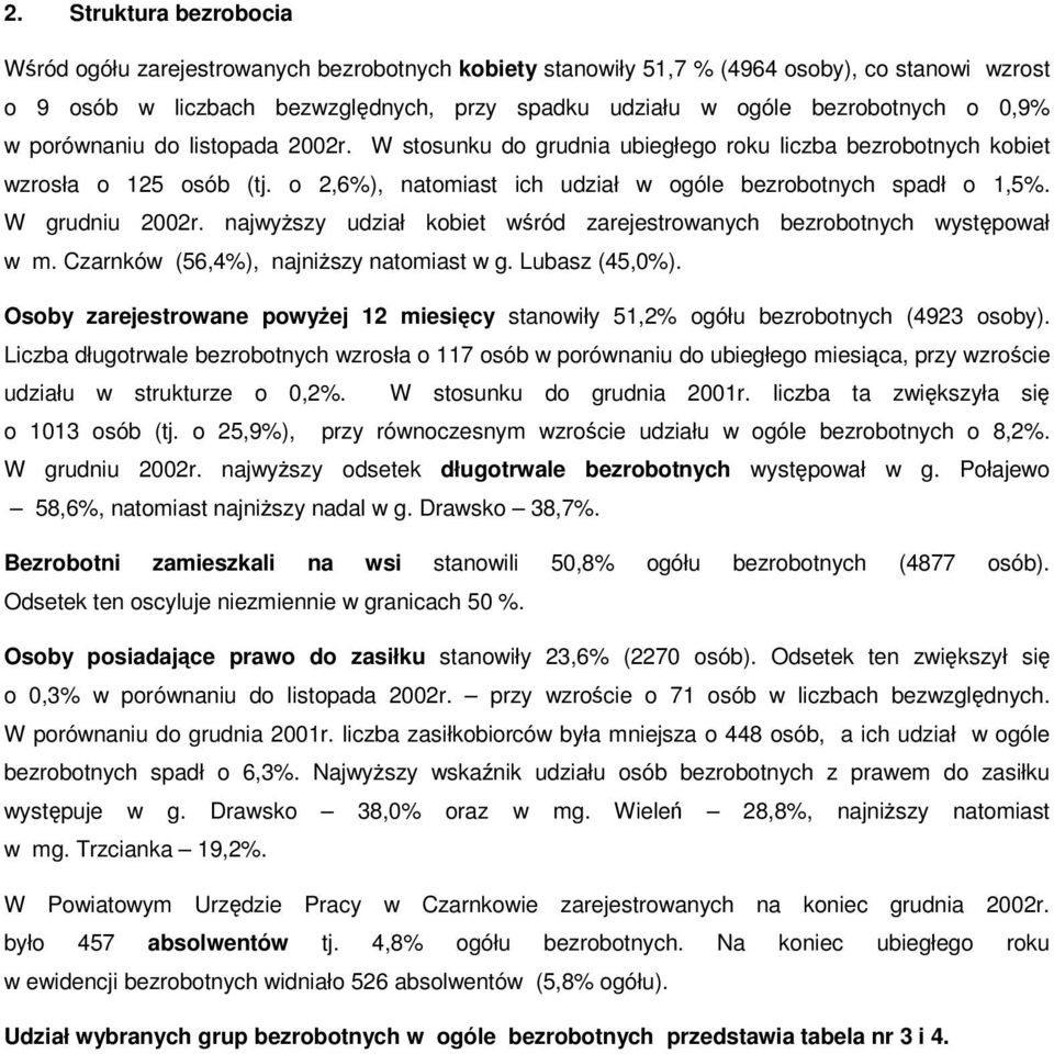 W grudniu 2002r. najwyższy udział kobiet wśród zarejestrowanych bezrobotnych występował w m. Czarnków (56,4%), najniższy natomiast w g. Lubasz (45,0%).