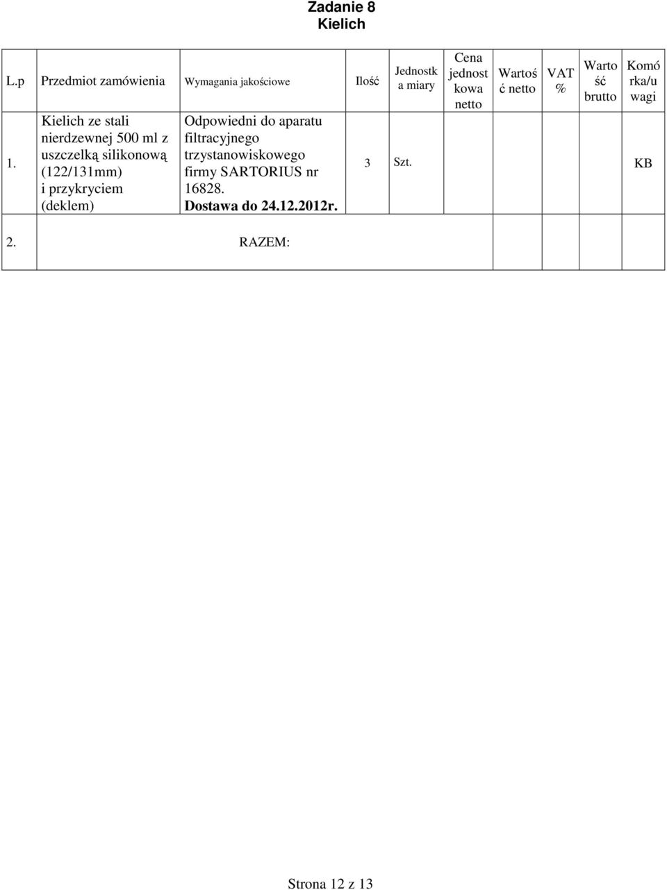 Odpowiedni do aparatu filtracyjnego trzystanowiskowego firmy SARTORIUS nr 16828. Dostawa do 24.12.