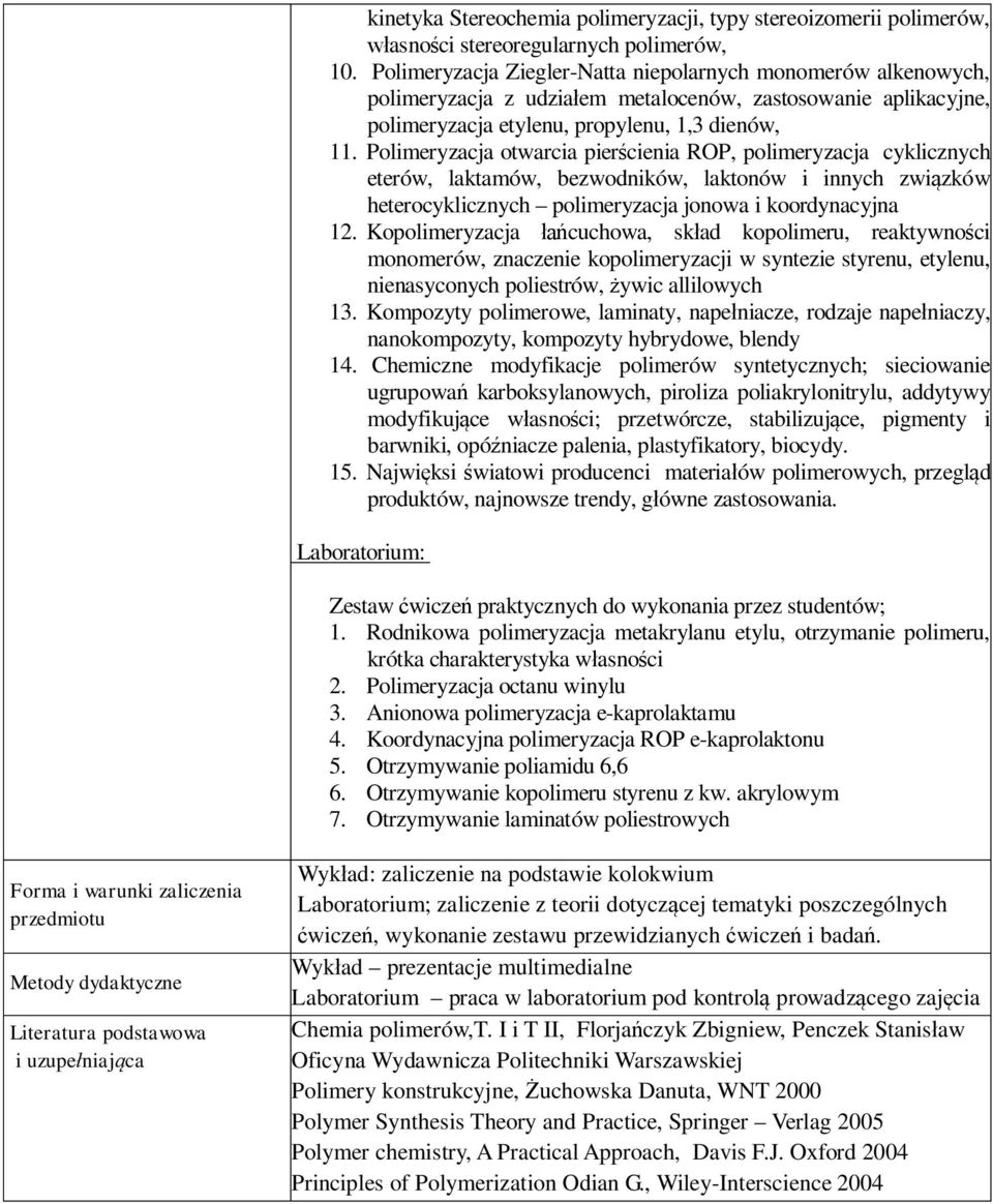 Polimeryzacja otwarcia pier cienia ROP, polimeryzacja cyklicznych eterów, laktamów, bezwodników, laktonów i innych zwi zków heterocyklicznych polimeryzacja jonowa i koordynacyjna 12.