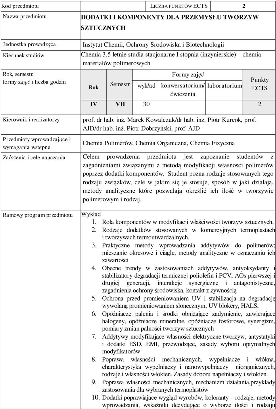 pne prof. dr hab. in. Marek Kowalczuk/dr hab. in. Piotr Kurcok, prof. AJD/dr hab. in. Piotr Dobrzy ski, prof.