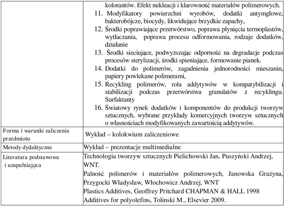 rodki sieciuj ce, podwy szaj c odporno na degradacje podczas procesów sterylizacji, rodki spieniaj ce, formowanie pianek. 14.