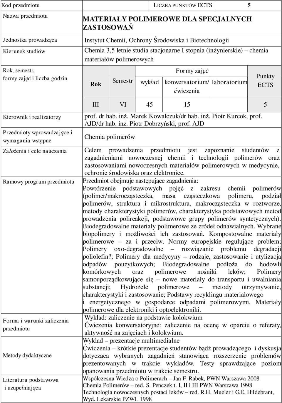 prof. dr hab. in. Marek Kowalczuk/dr hab. in. Piotr Kurcok, prof. AJD/dr hab. in. Piotr Dobrzy ski, prof.