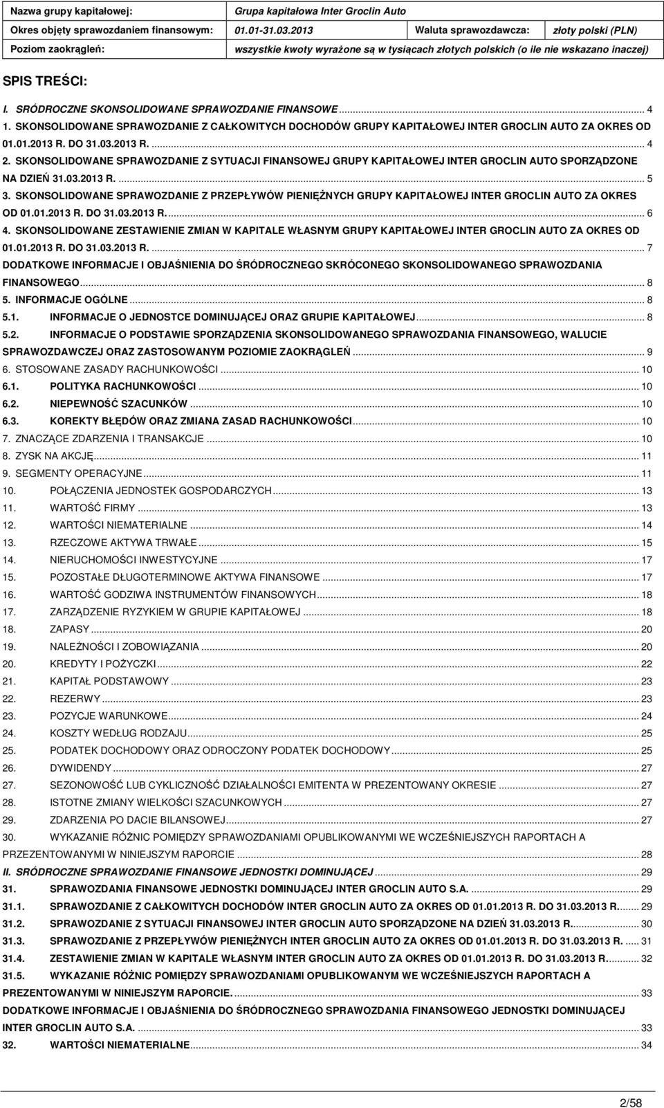 SKONSOLIDOWANE SPRAWOZDANIE Z PRZEPŁYWÓW PIENIĘŻNYCH GRUPY KAPITAŁOWEJ INTER GROCLIN AUTO ZA OKRES OD 01.01.2013 R. DO 31.03.2013 R.... 6 4.