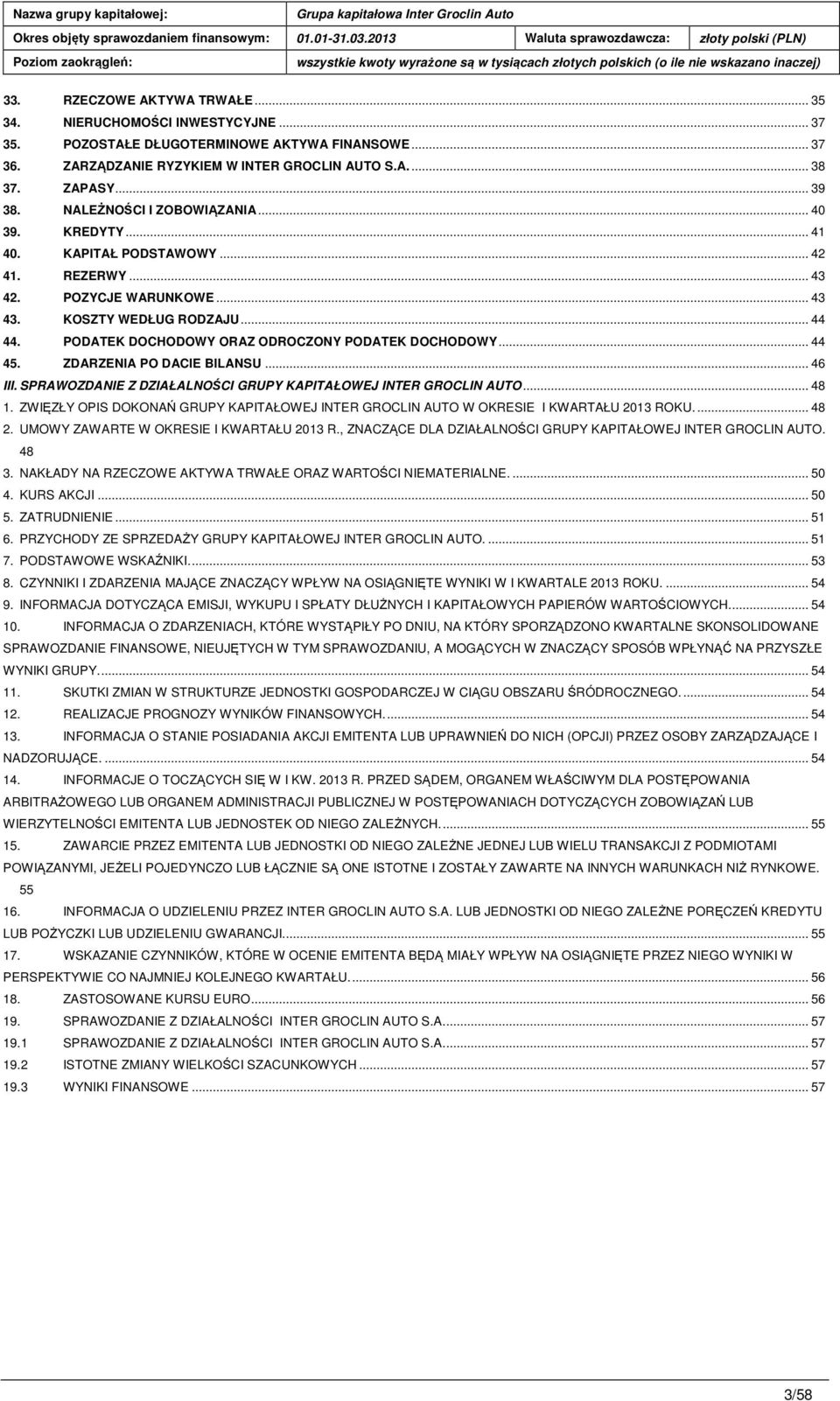 PODATEK DOCHODOWY ORAZ ODROCZONY PODATEK DOCHODOWY... 44 45. ZDARZENIA PO DACIE BILANSU... 46 III. SPRAWOZDANIE Z DZIAŁALNOŚCI GRUPY KAPITAŁOWEJ INTER GROCLIN AUTO... 48 1.