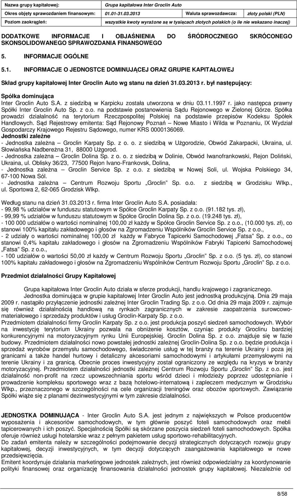 11.1997 r. jako następca prawny Spółki Inter Groclin Auto Sp. z o.o. na podstawie postanowienia Sądu Rejonowego w Zielonej Górze.