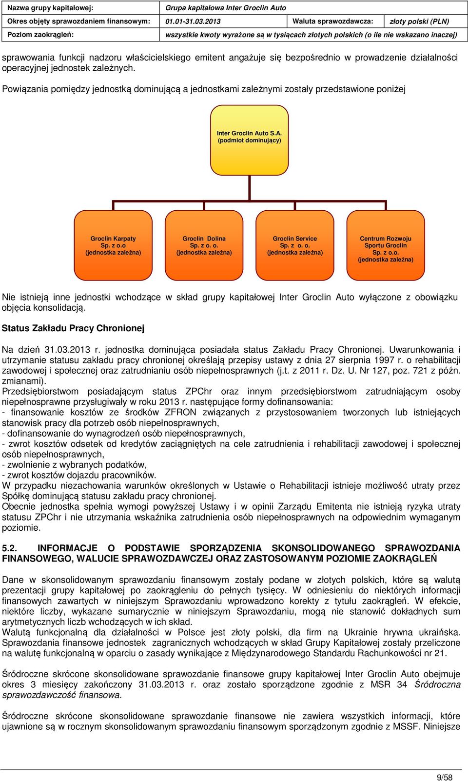 o (jednostka zależna) Groclin Dolina Sp. z o. o. (jednostka zależna) Groclin Service Sp. z o. o. (jednostka zależna) Centrum Rozwoju Sportu Groclin Sp. z o.o. (jednostka zależna) Nie istnieją inne jednostki wchodzące w skład grupy kapitałowej Inter Groclin Auto wyłączone z obowiązku objęcia konsolidacją.