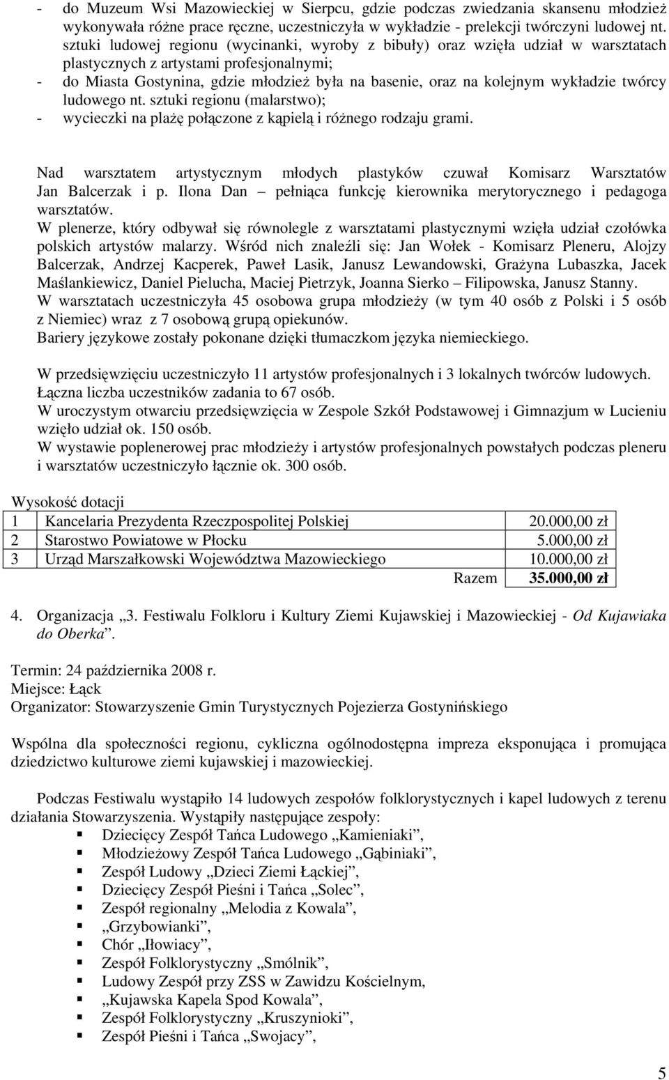 wykładzie twórcy ludowego nt. sztuki regionu (malarstwo); - wycieczki na plażę połączone z kąpielą i różnego rodzaju grami.