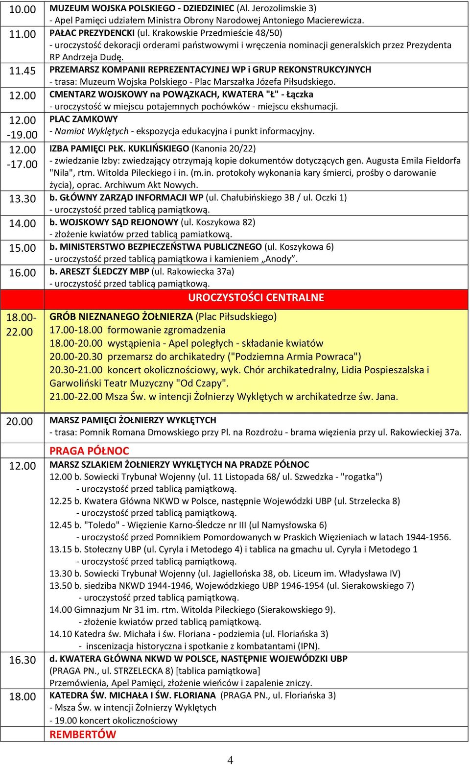 45 PRZEMARSZ KOMPANII REPREZENTACYJNEJ WP i GRUP REKONSTRUKCYJNYCH - trasa: Muzeum Wojska Polskiego - Plac Marszałka Józefa Piłsudskiego. 12.00 CMENTARZ WOJSKOWY na POWĄZKACH, KWATERA "Ł" - Łączka 12.