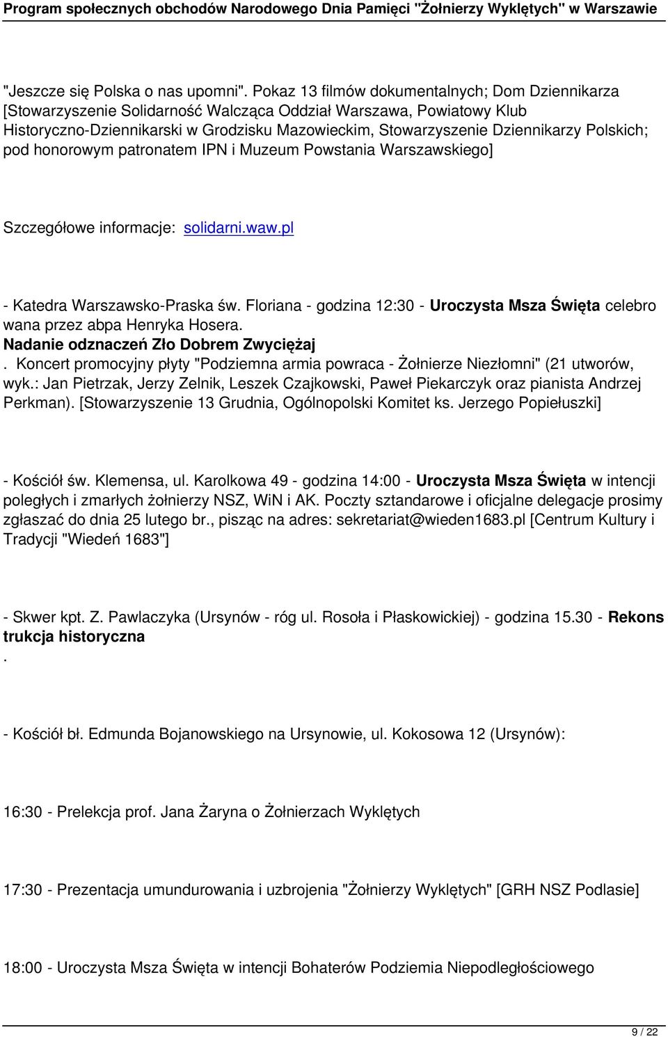 Polskich; pod honorowym patronatem IPN i Muzeum Powstania Warszawskiego] Szczegółowe informacje: solidarni.waw.pl - Katedra Warszawsko-Praska św.