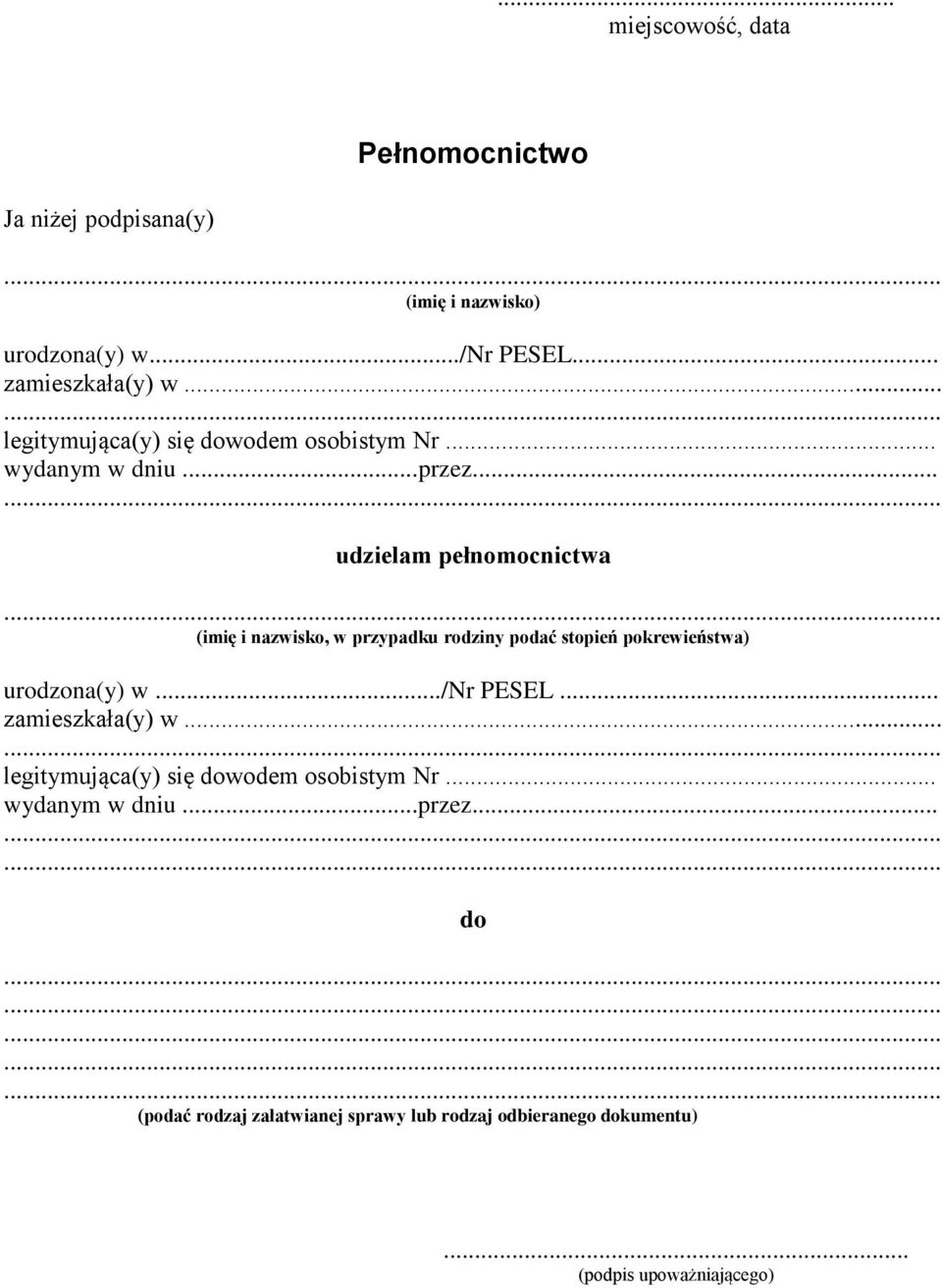 .. udzielam pełnomocnictwa (imię i nazwisko, w przypadku rodziny podać stopień pokrewieństwa) urodzona(y) w.../nr PESEL.
