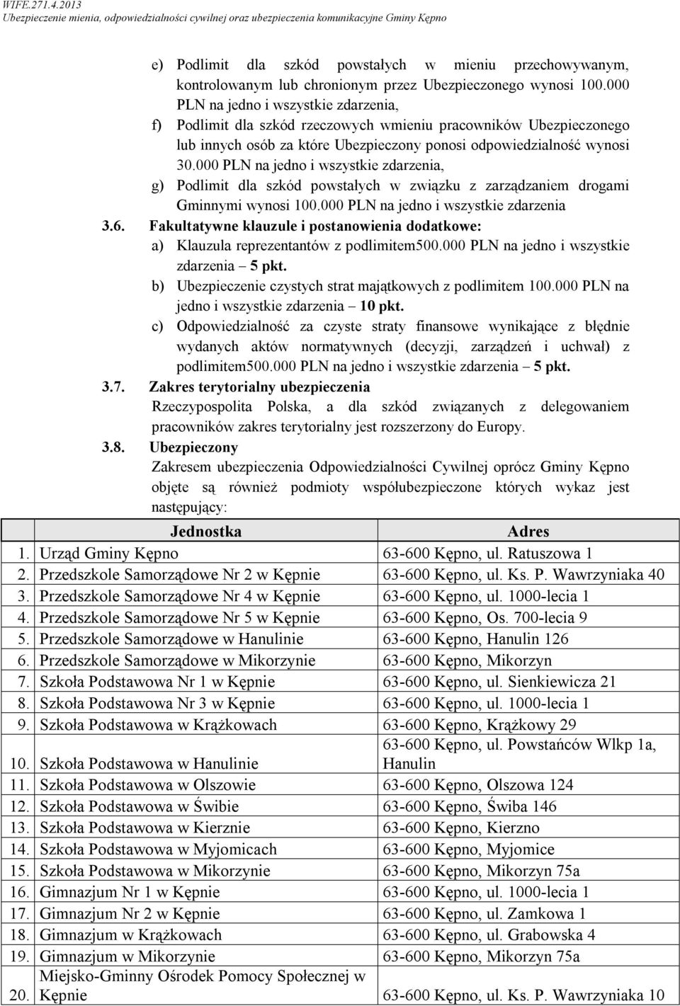 000 PLN na jedno i wszystkie zdarzenia, g) Podlimit dla szkód powstałych w związku z zarządzaniem drogami Gminnymi wynosi 100.000 PLN na jedno i wszystkie zdarzenia 3.6.