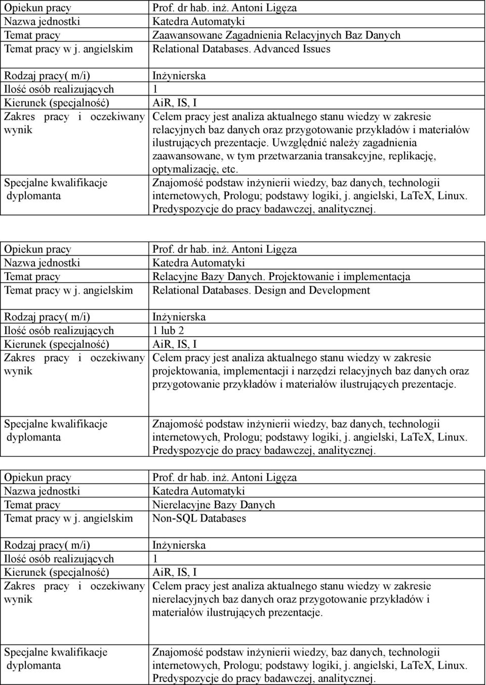 Uwzględnić należy zagadnienia zaawansowane, w tym przetwarzania transakcyjne, replikację, optymalizację, etc. w j. Relacyjne Bazy Danych. Projektowanie i implementacja Relational Databases.