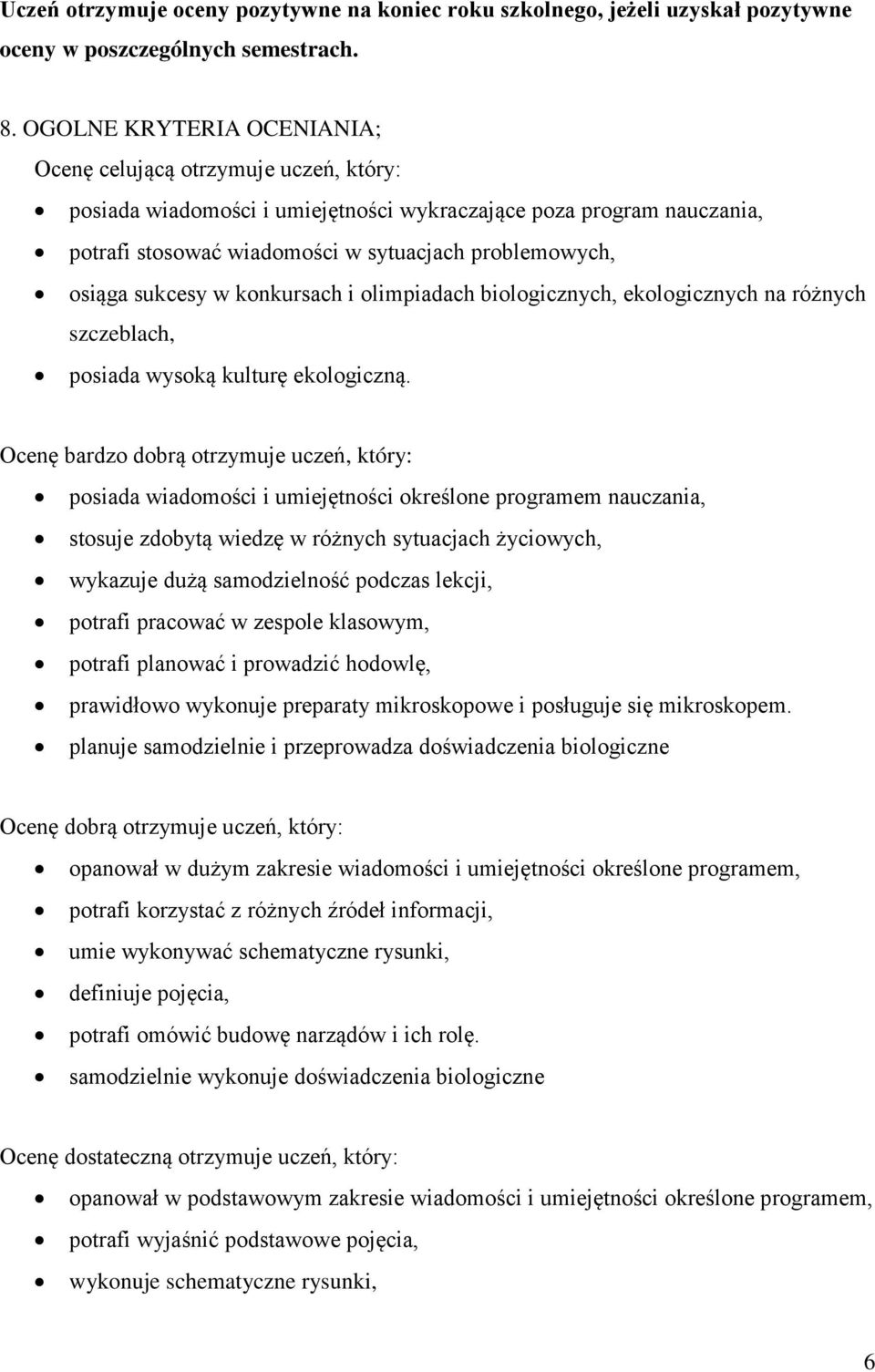 sukcesy w konkursach i olimpiadach biologicznych, ekologicznych na różnych szczeblach, posiada wysoką kulturę ekologiczną.