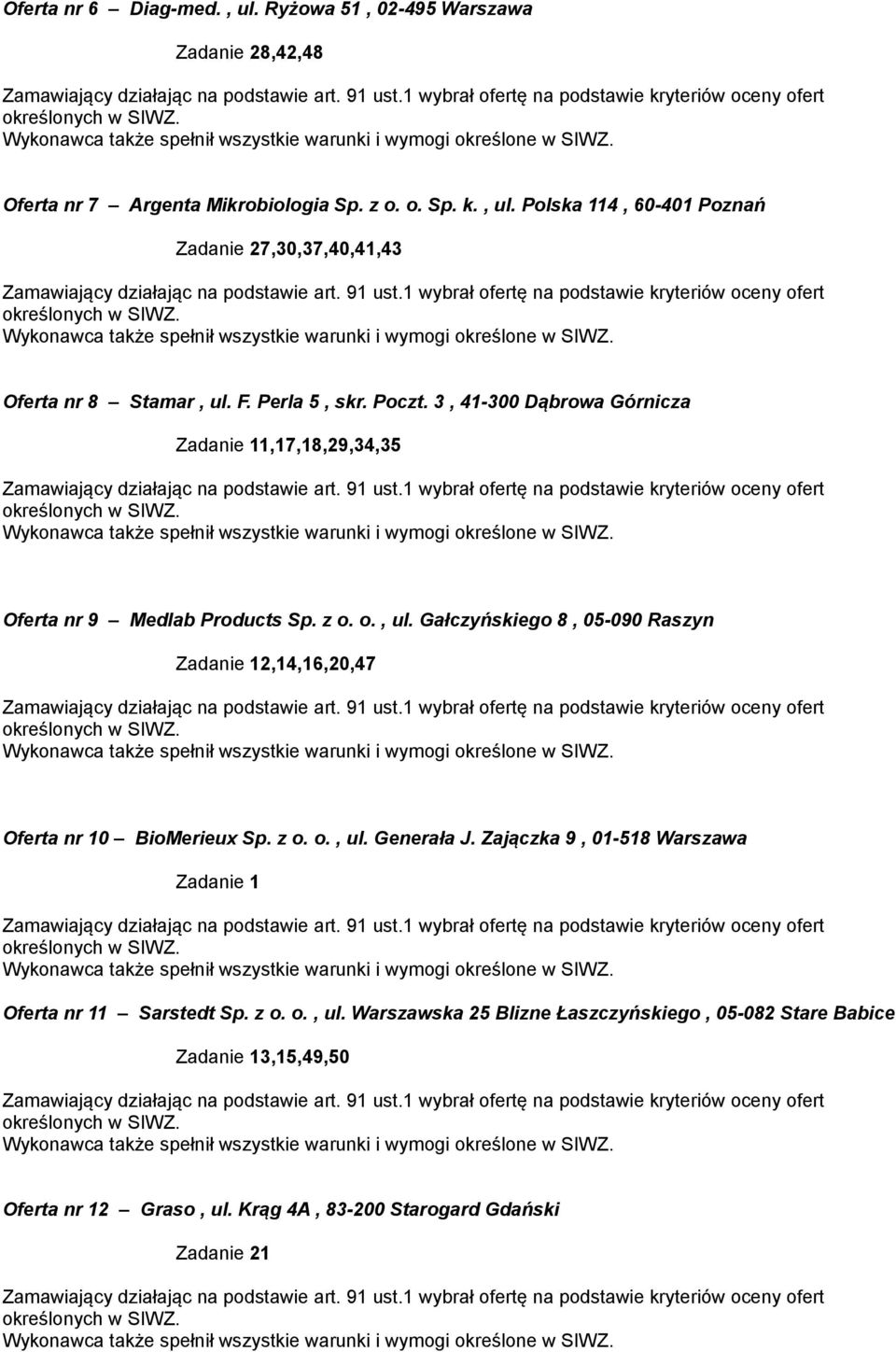 Gałczyńskiego 8, 05-090 Raszyn Zadanie 12,14,16,20,47 Oferta nr 10 BioMerieux Sp. z o. o., ul. Generała J.